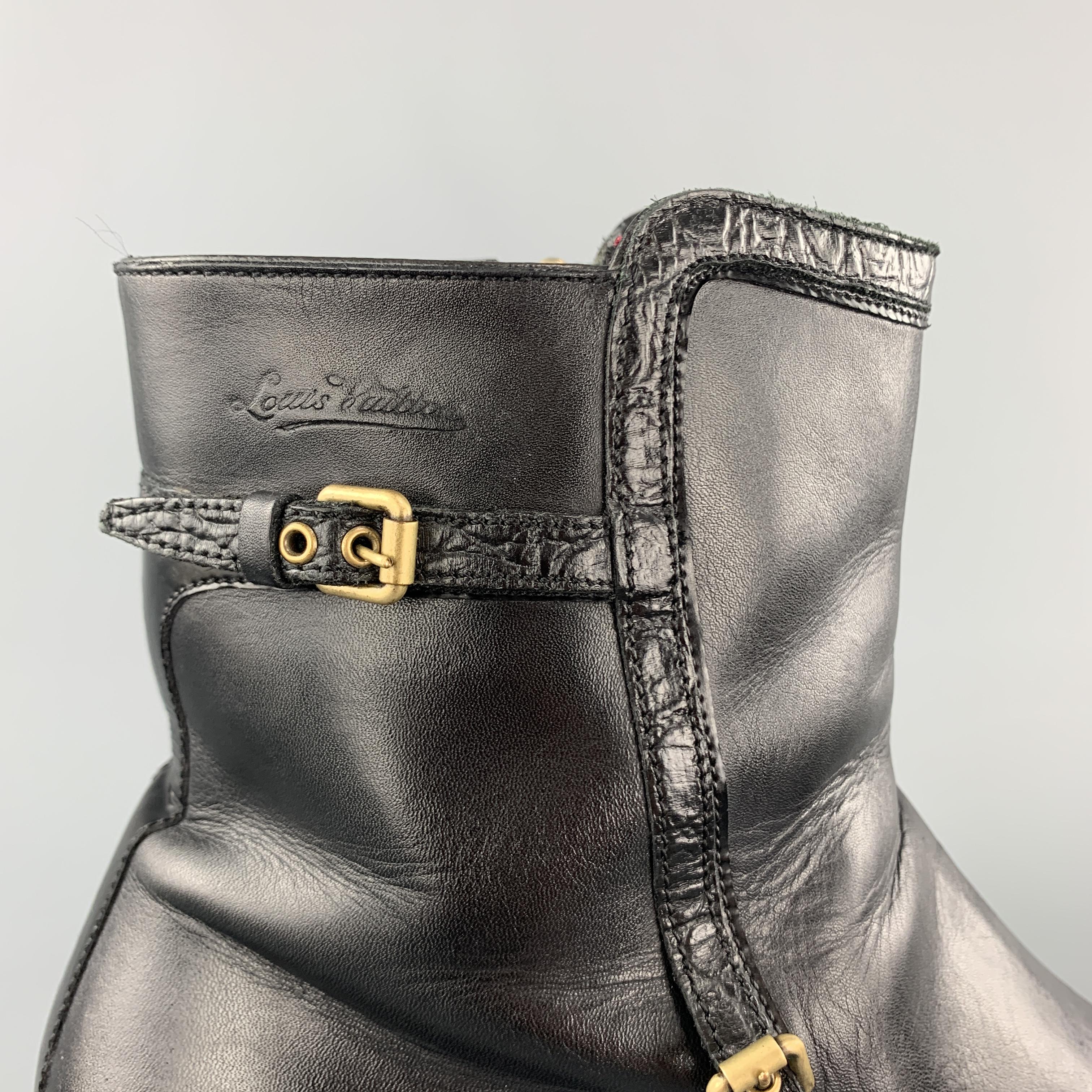 LOUIS VUITTON Size 8 Black Leather Embossed Trim Buckle Zip Boots In Good Condition In San Francisco, CA
