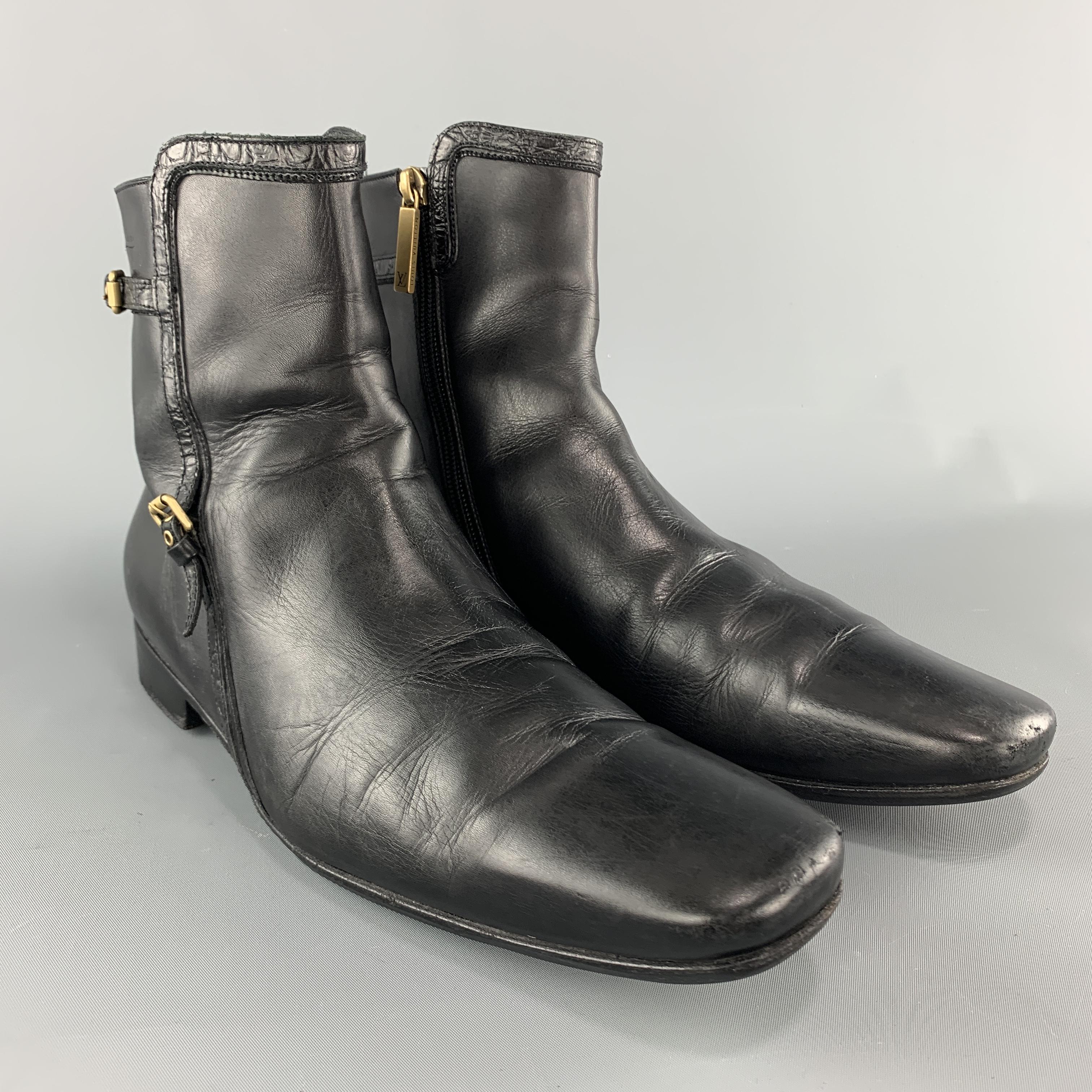 Men's LOUIS VUITTON Size 8 Black Leather Embossed Trim Buckle Zip Boots