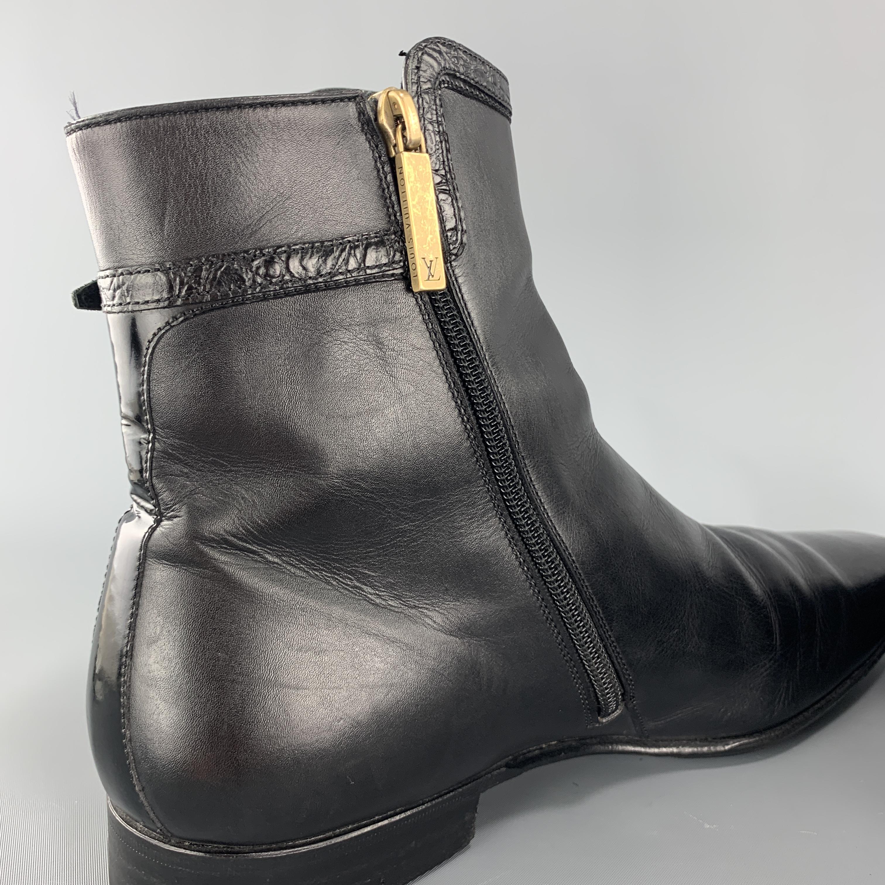 LOUIS VUITTON Size 8 Black Leather Embossed Trim Buckle Zip Boots 3