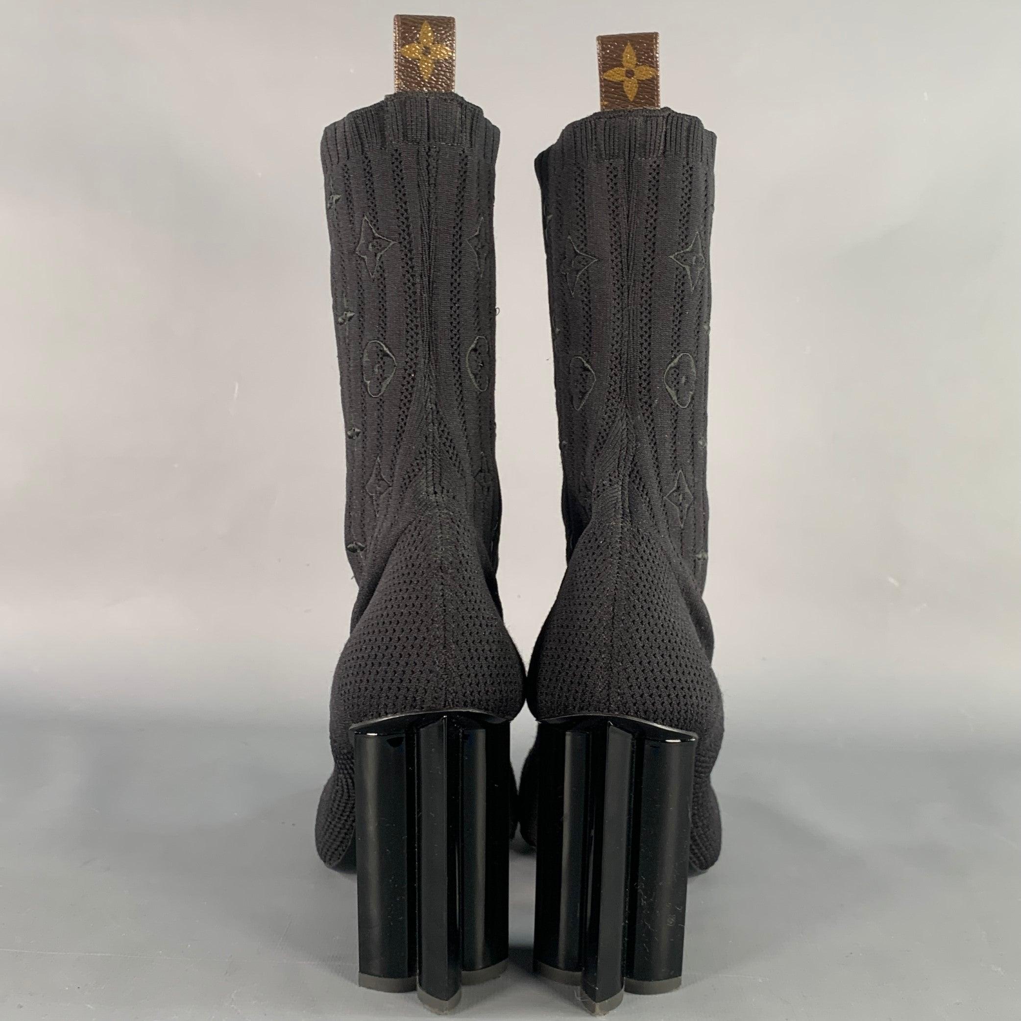 LOUIS VUITTON Size 9 Black Nylon Knit Monogram Chunky Heel Sock Boots In Good Condition For Sale In San Francisco, CA
