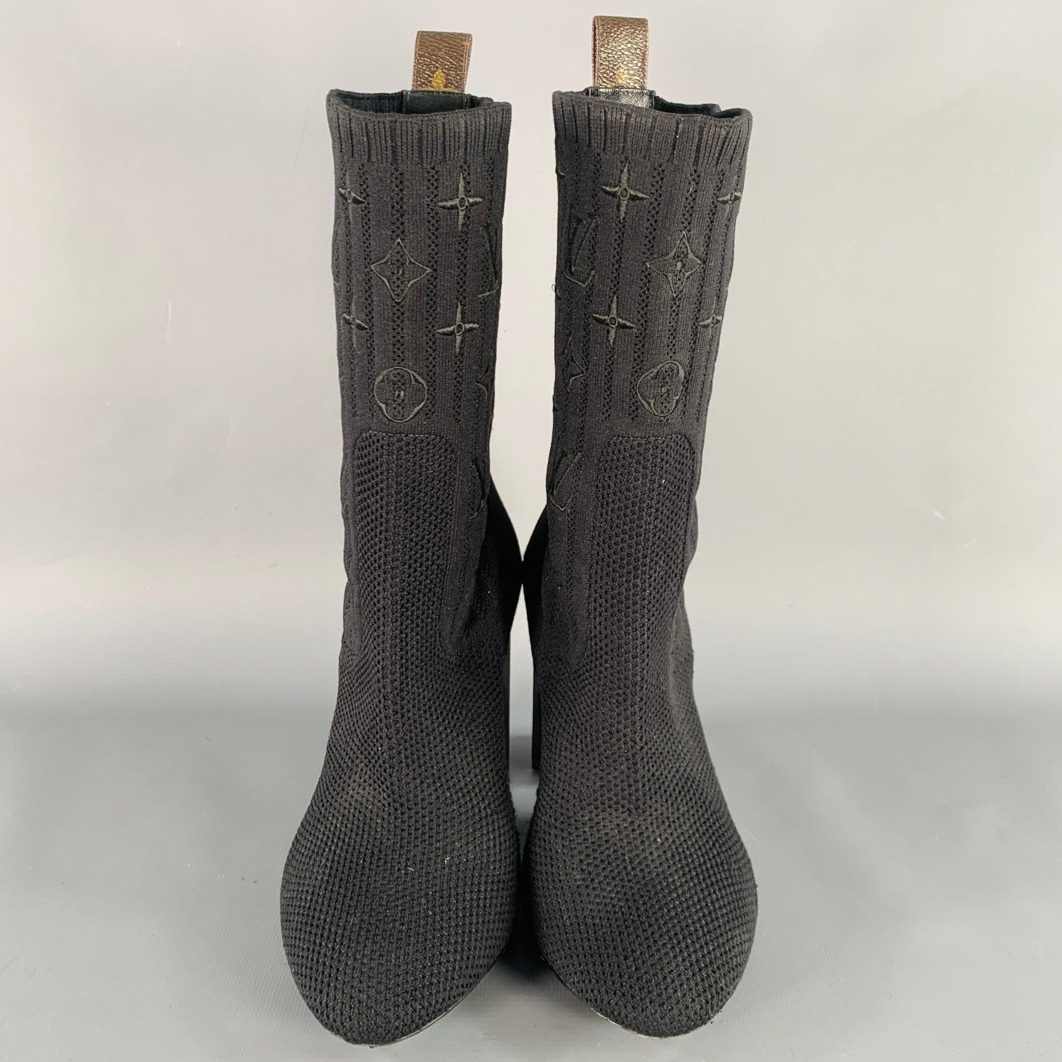 Women's LOUIS VUITTON Size 9 Black Nylon Knit Monogram Chunky Heel Sock Boots For Sale
