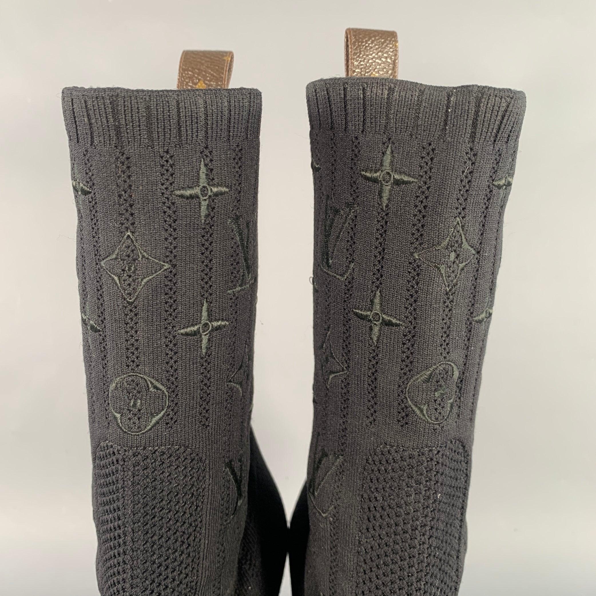 LOUIS VUITTON Size 9 Black Nylon Knit Monogram Chunky Heel Sock Boots For Sale 1