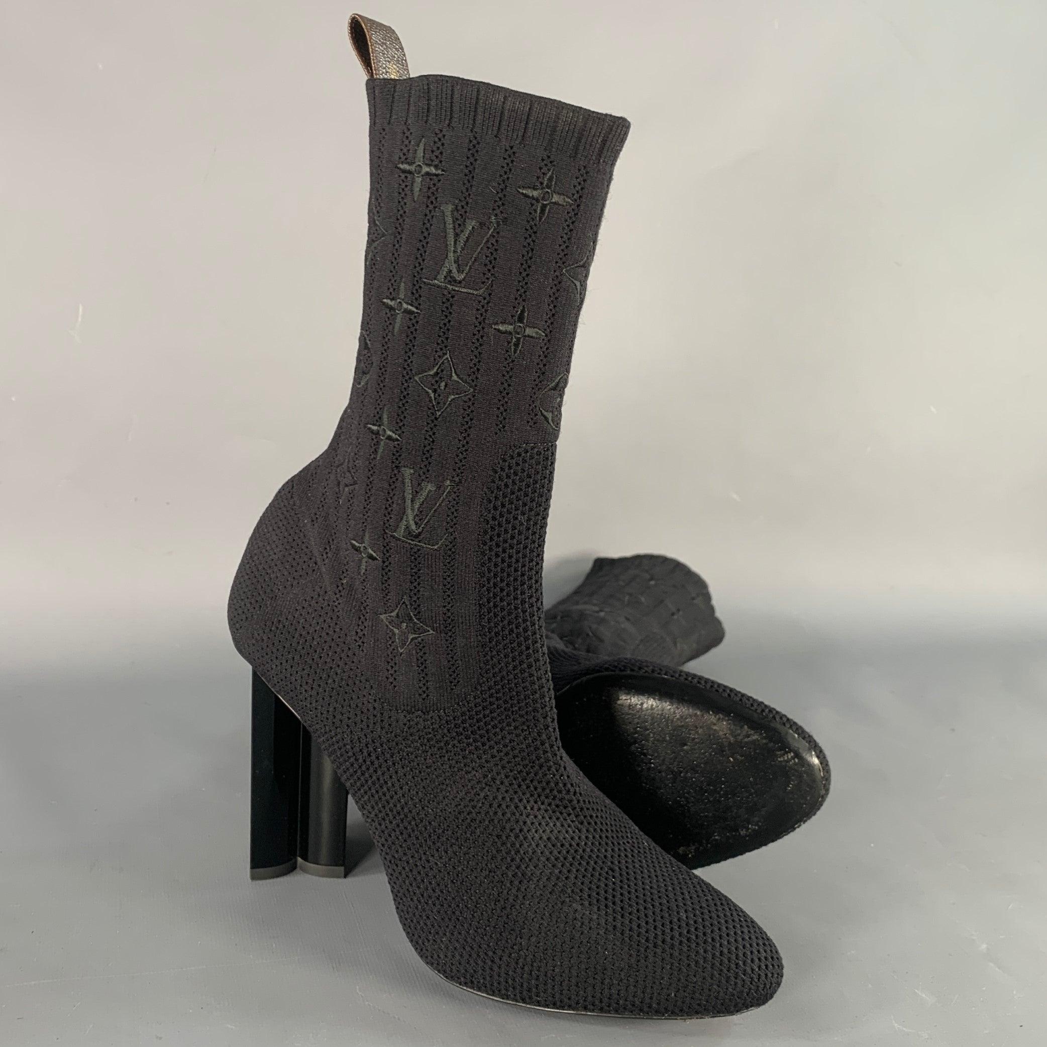 LOUIS VUITTON Size 9 Black Nylon Knit Monogram Chunky Heel Sock Boots For Sale 2