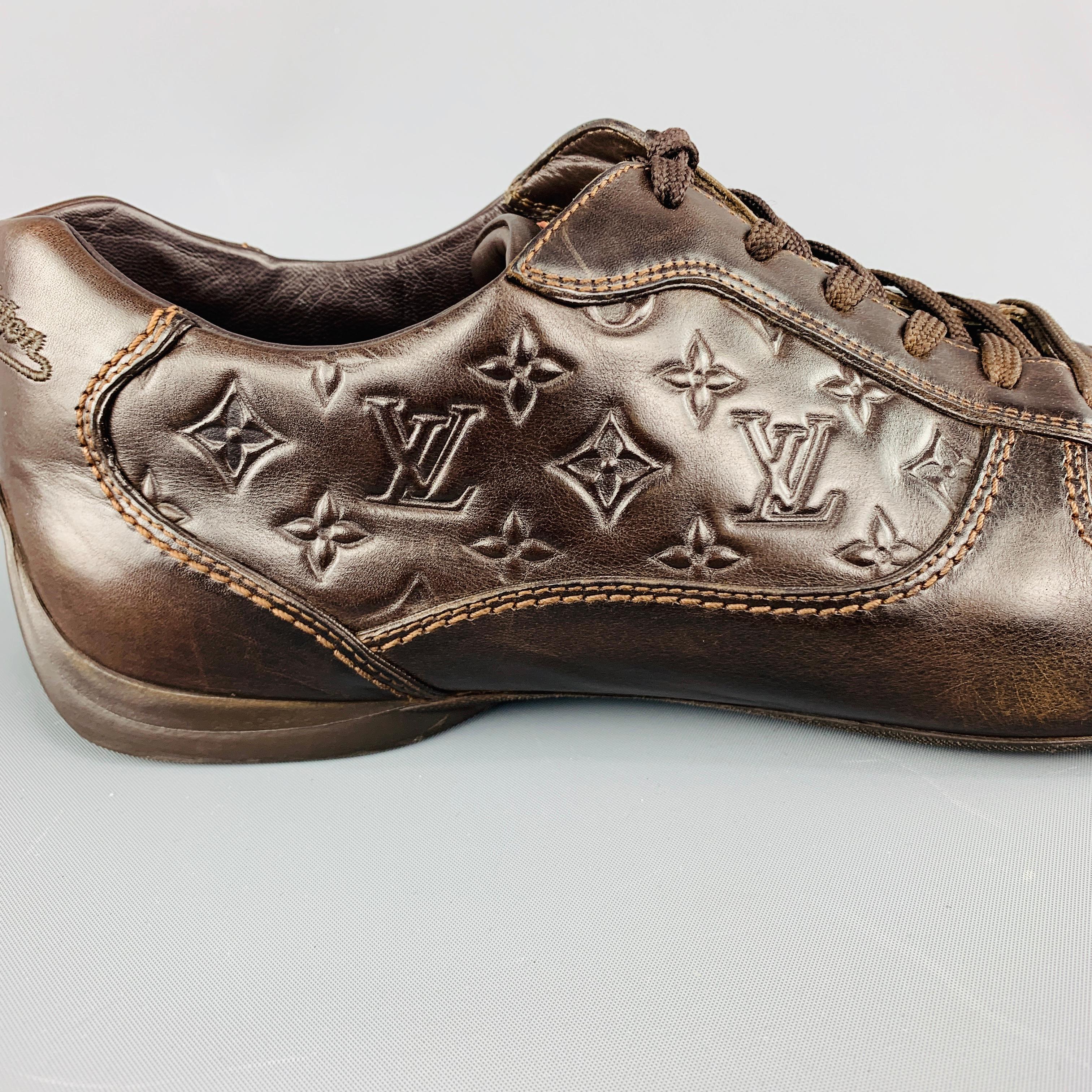 LOUIS VUITTON Size 9.5 Brown Monogram Embossed Leather Lace Up Sneakers In Good Condition In San Francisco, CA
