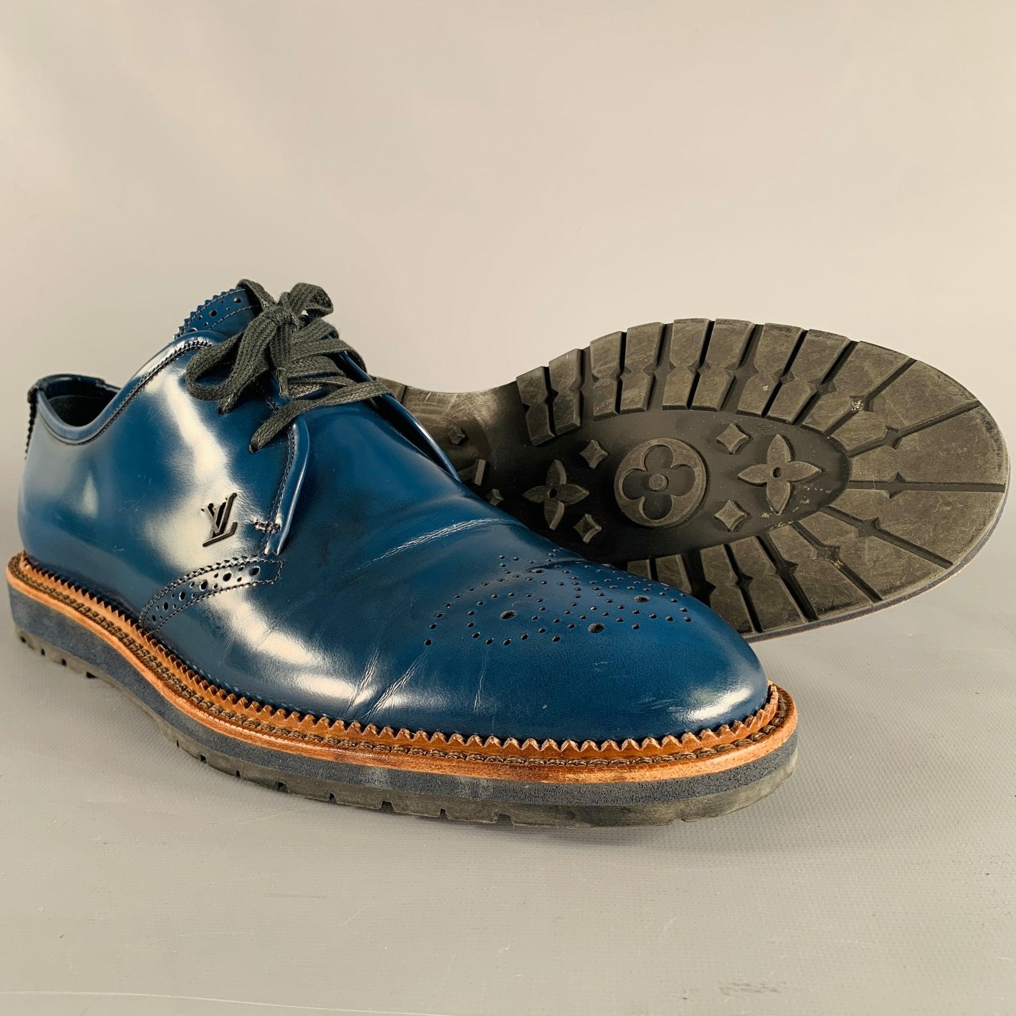 LOUIS VUITTON Size 9.5 Royal Blue Perforated Leather Lace-Up Shoes For Sale 1