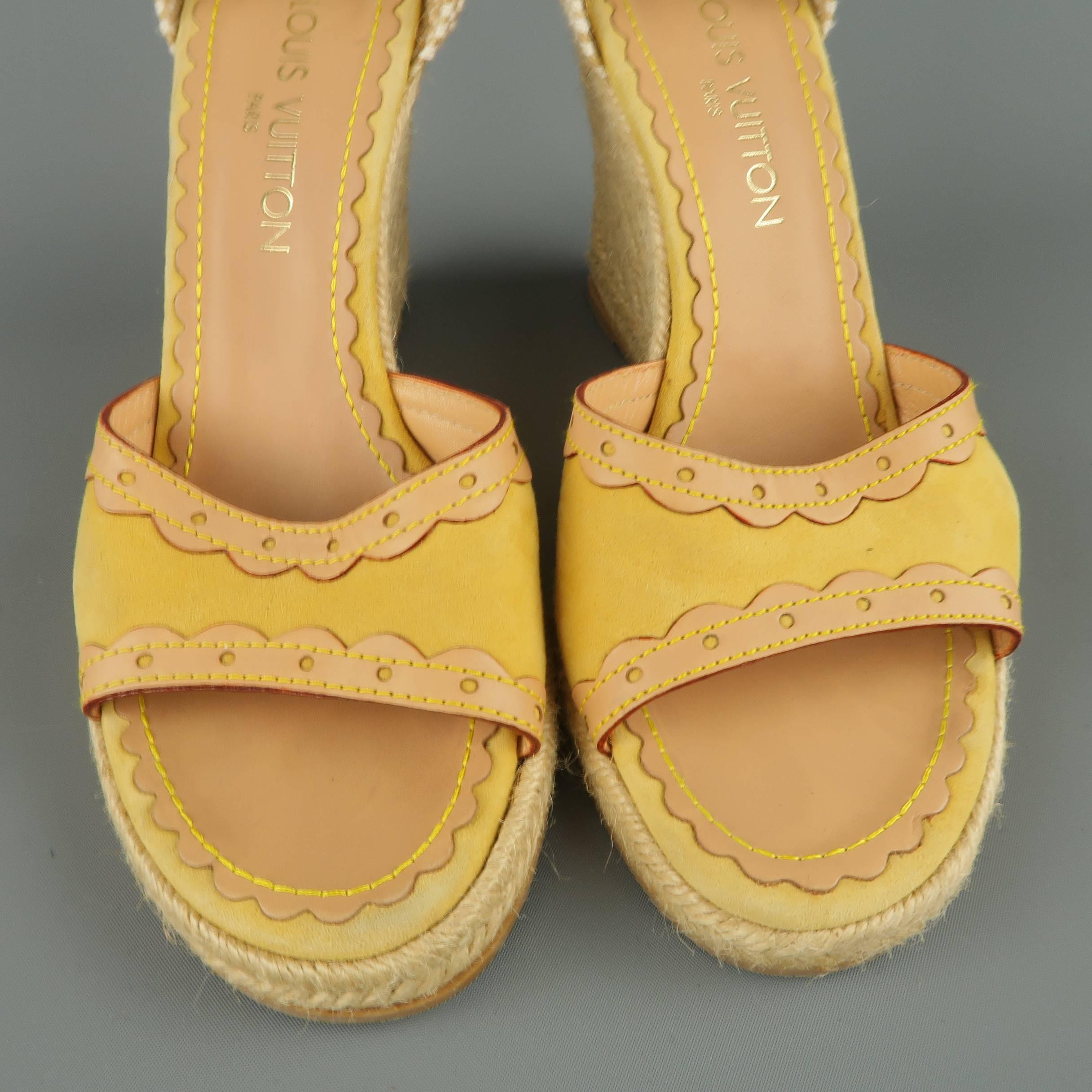 Louis Vuitton Yellow Suede Tied Ankle Strap Espadrille Wedges In Good Condition In San Francisco, CA