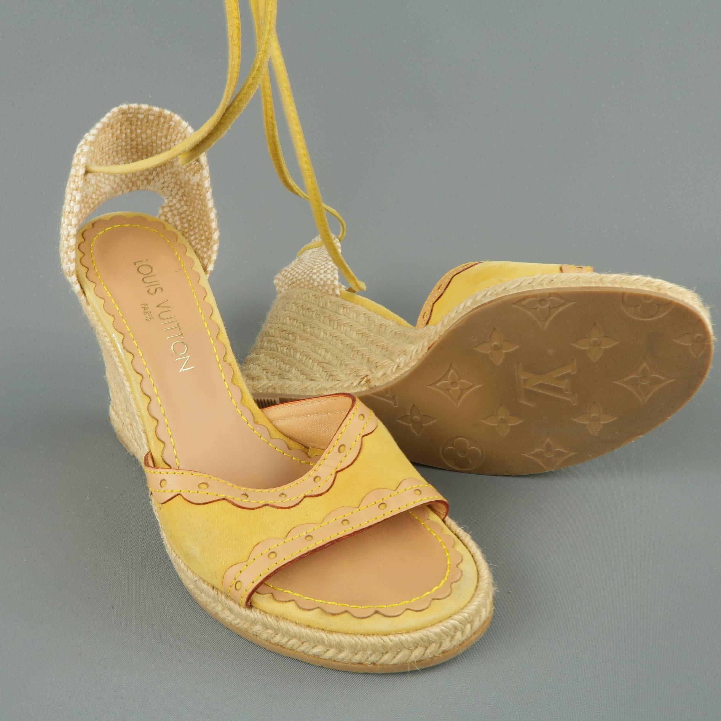 Women's Louis Vuitton Yellow Suede Tied Ankle Strap Espadrille Wedges
