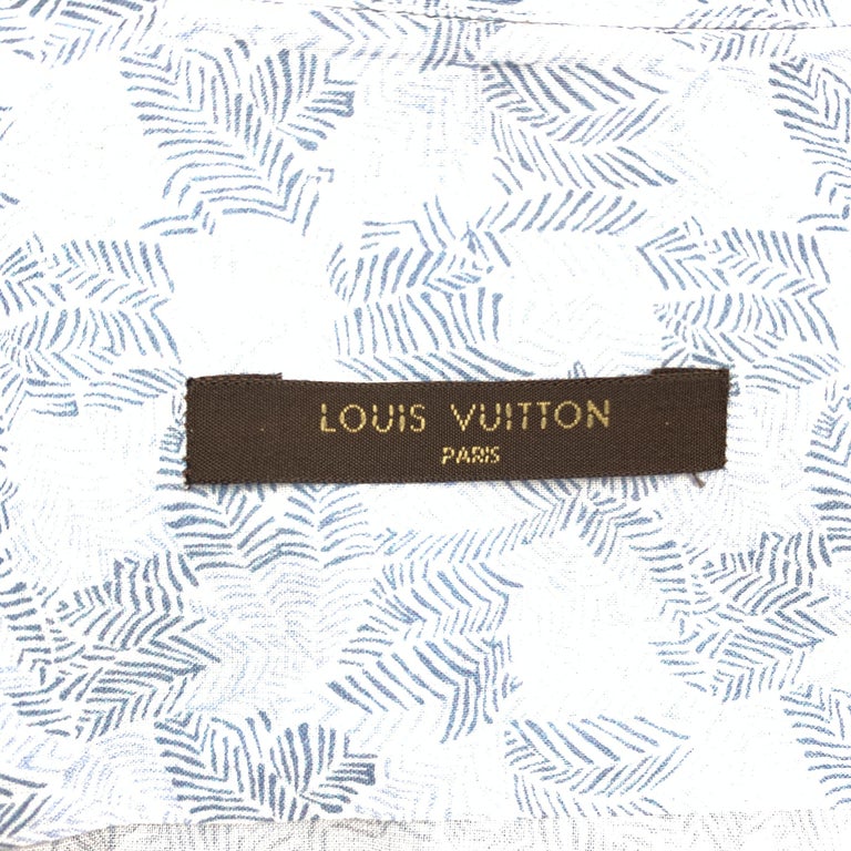 LOUIS VUITTON Size L Light Blue Leaf Print Cotton Button Up Long