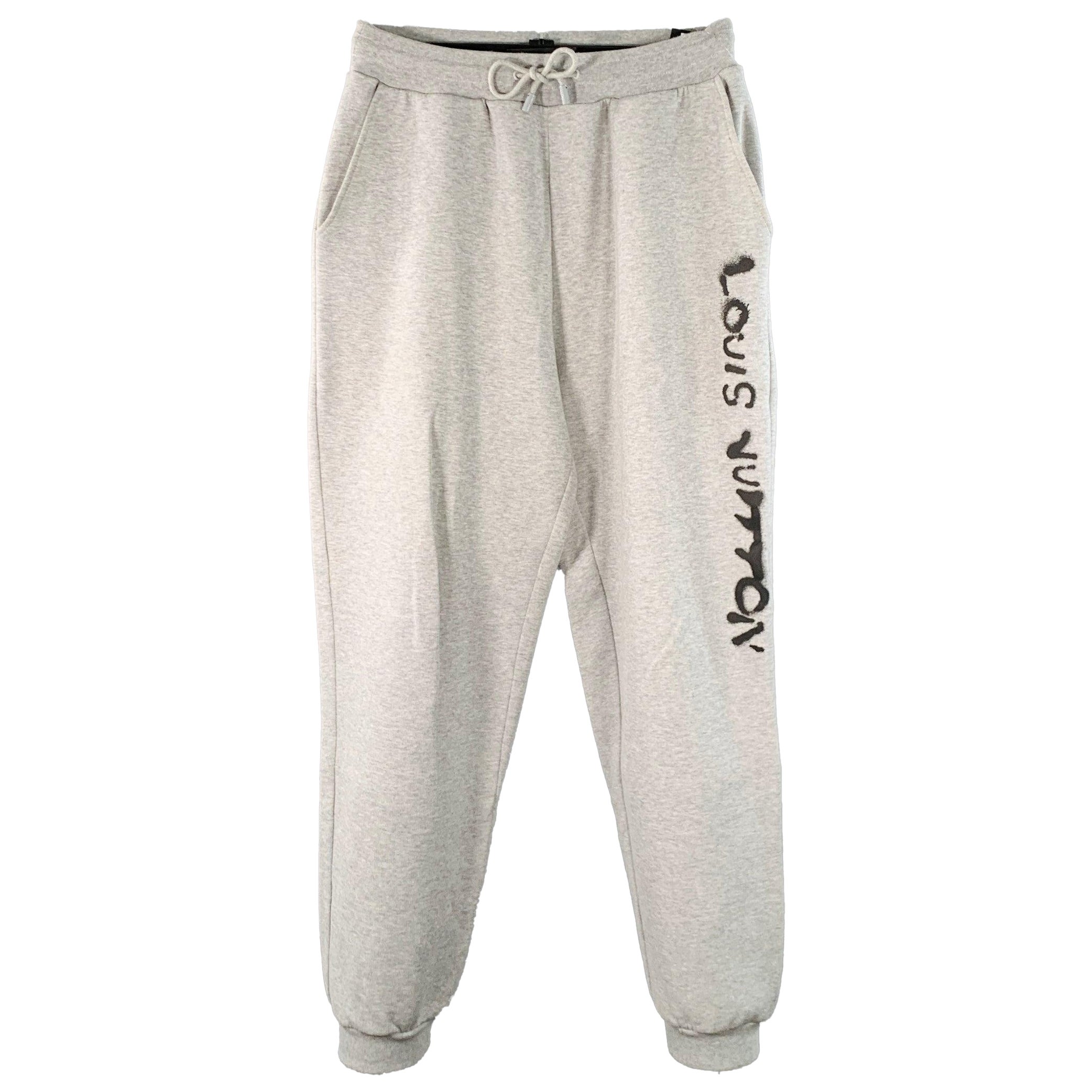 LOUIS VUITTON Talla M Gris jaspeado Negro Logotipo Graffiti Pantalones de chándal de algodón Pantalones casuales en venta
