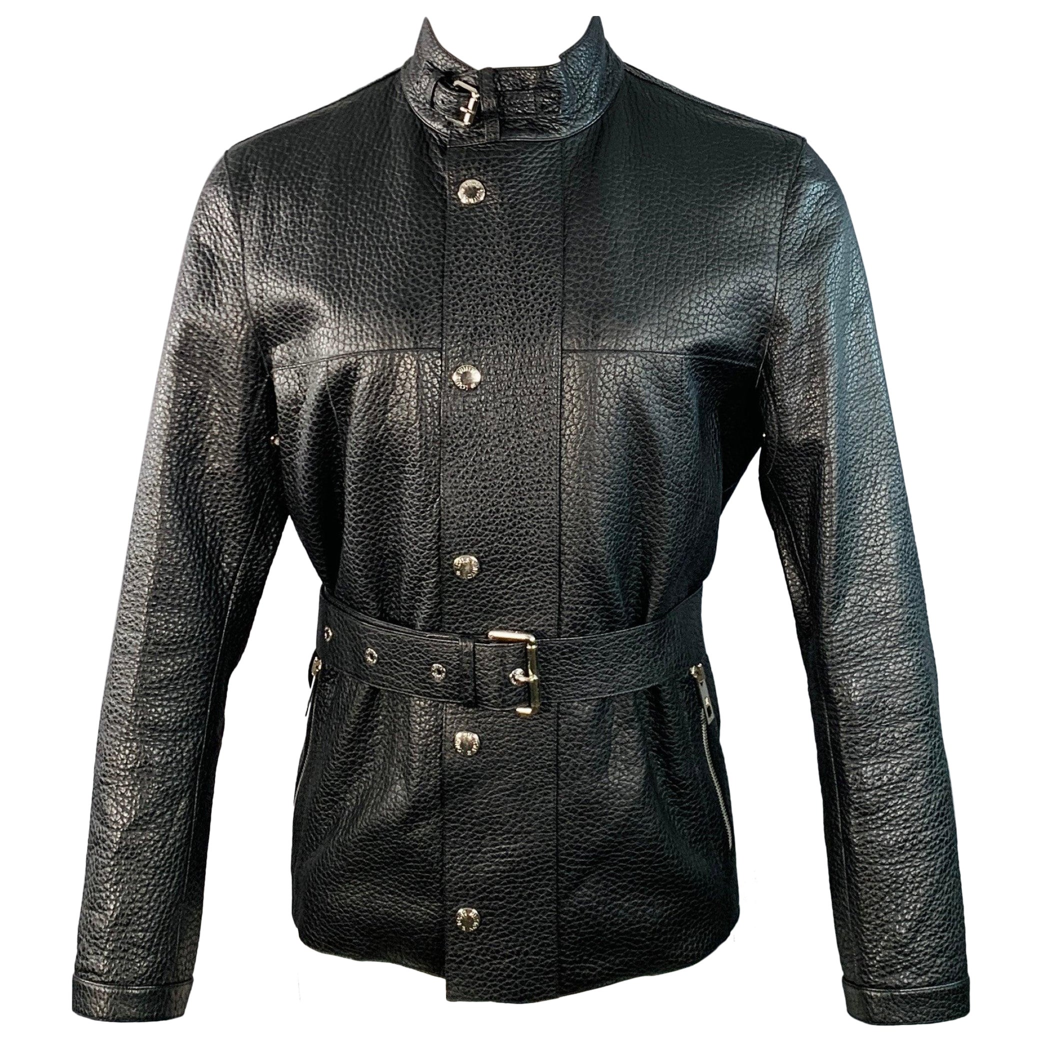 LOUIS VUITTON Taille S Veste ceinturée en cuir de taurillon grainé noir avec fermeture à glissière