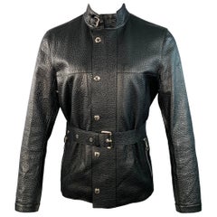 LOUIS VUITTON Taille S Veste ceinturée en cuir de taurillon grainé noir avec fermeture à glissière