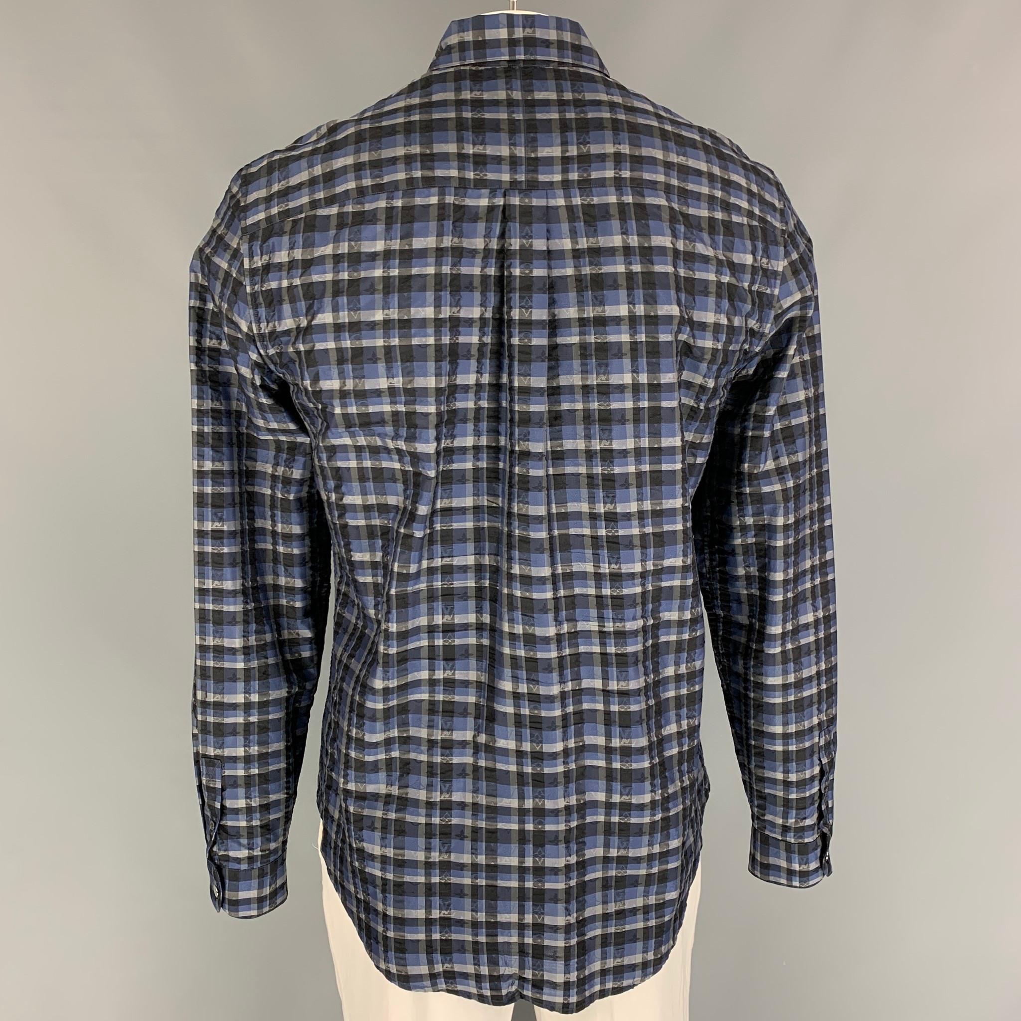 LOUIS VUITTON Size XL Blue Black Grey Plaid Silk Button Up Long Sleeve Shirt In Excellent Condition In San Francisco, CA
