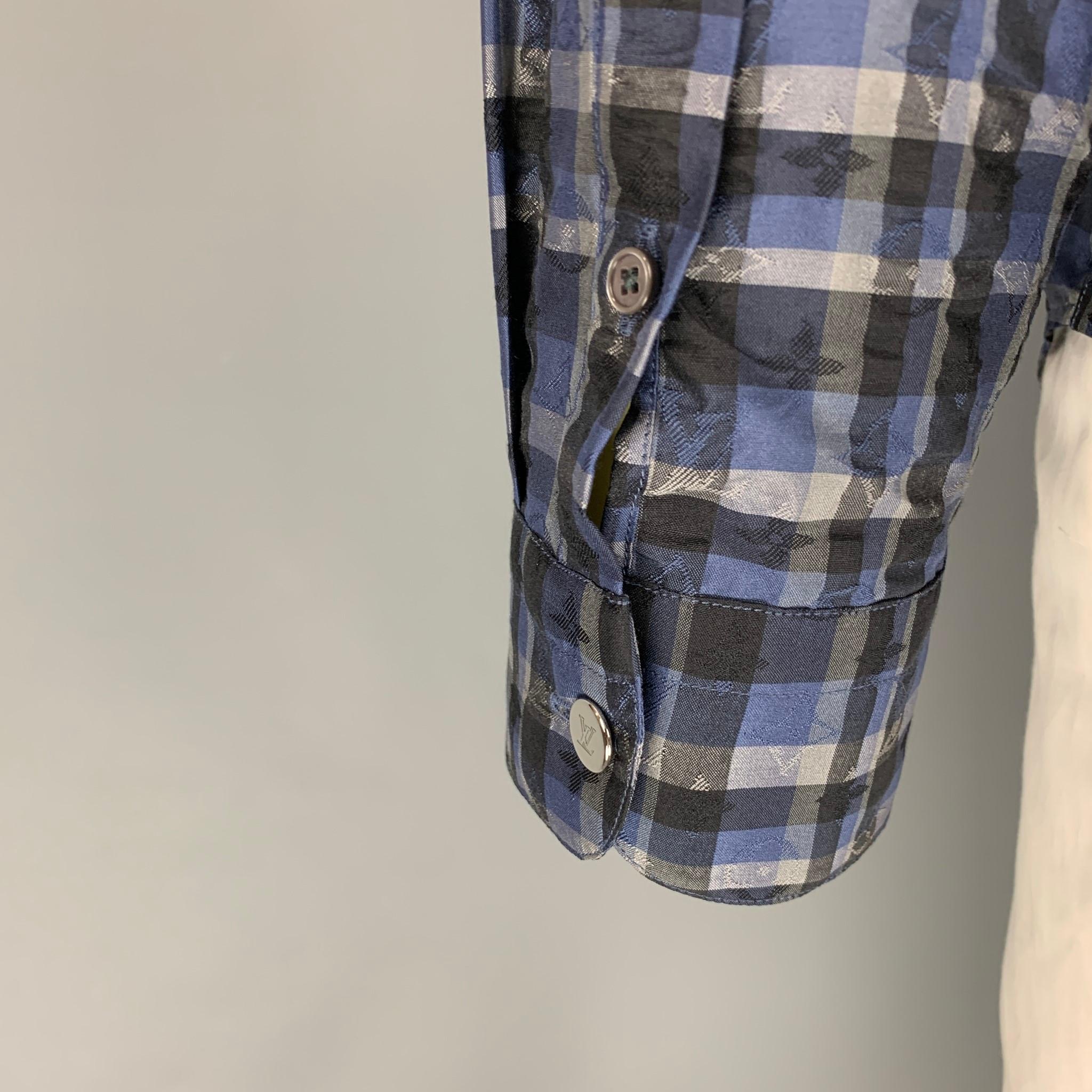 Men's LOUIS VUITTON Size XL Blue Black Grey Plaid Silk Button Up Long Sleeve Shirt
