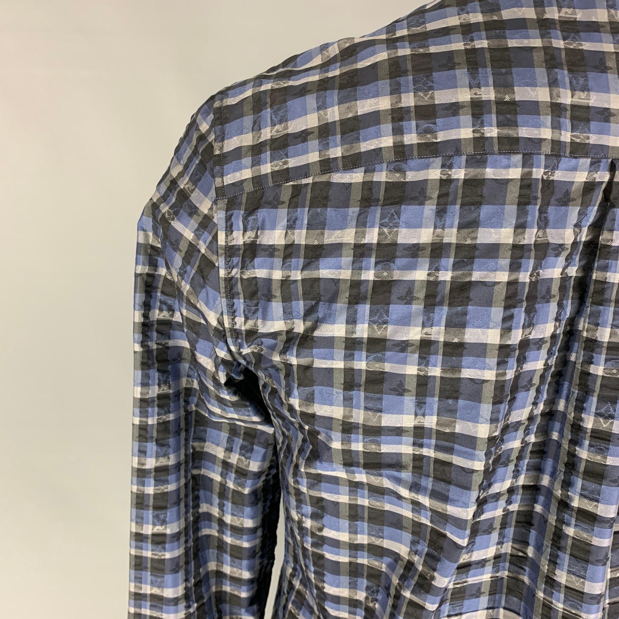 LOUIS VUITTON Size XL Blue Black Grey Plaid Silk Button Up Long Sleeve Shirt 1