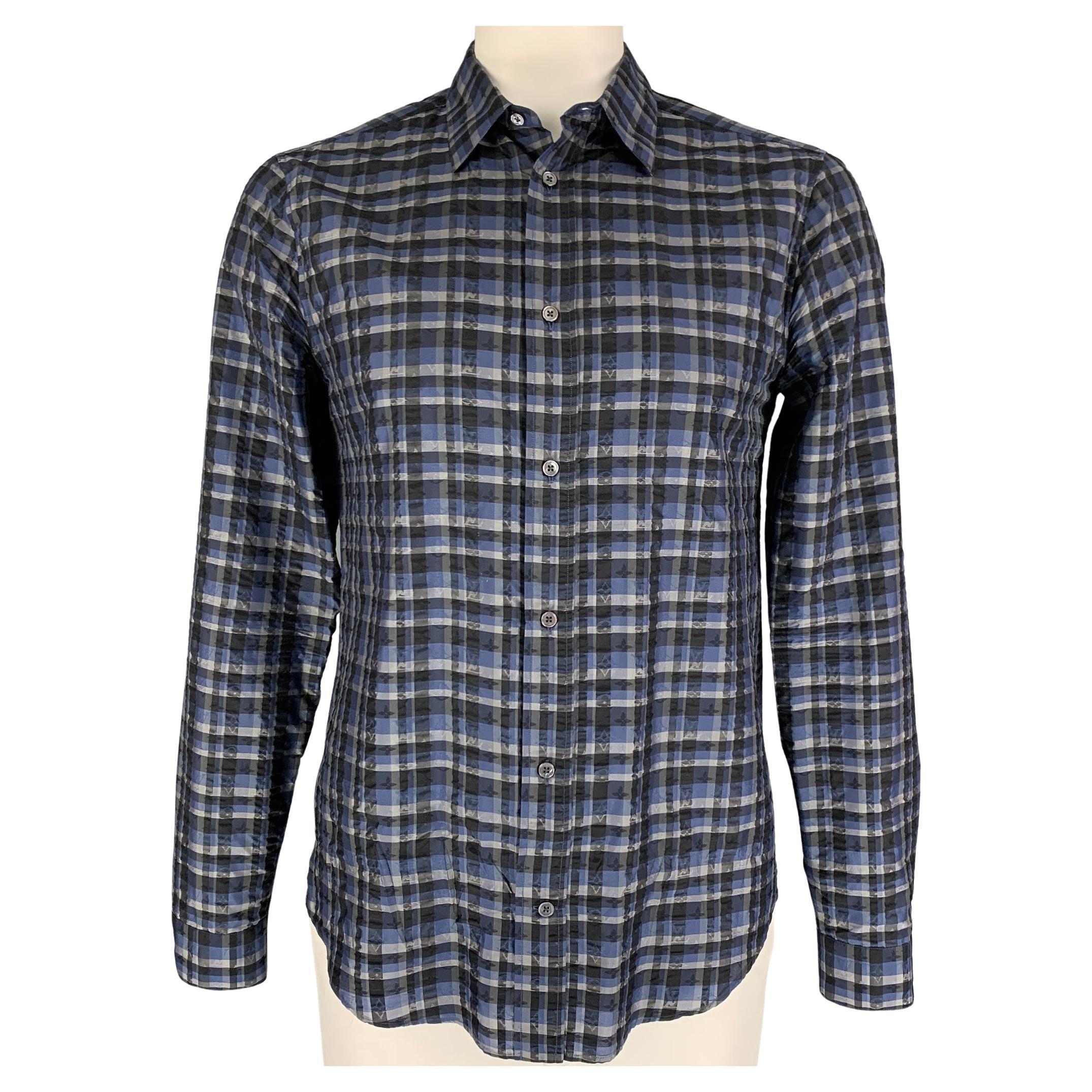 LOUIS VUITTON Size XL Blue Black Grey Plaid Silk Button Up Long Sleeve Shirt