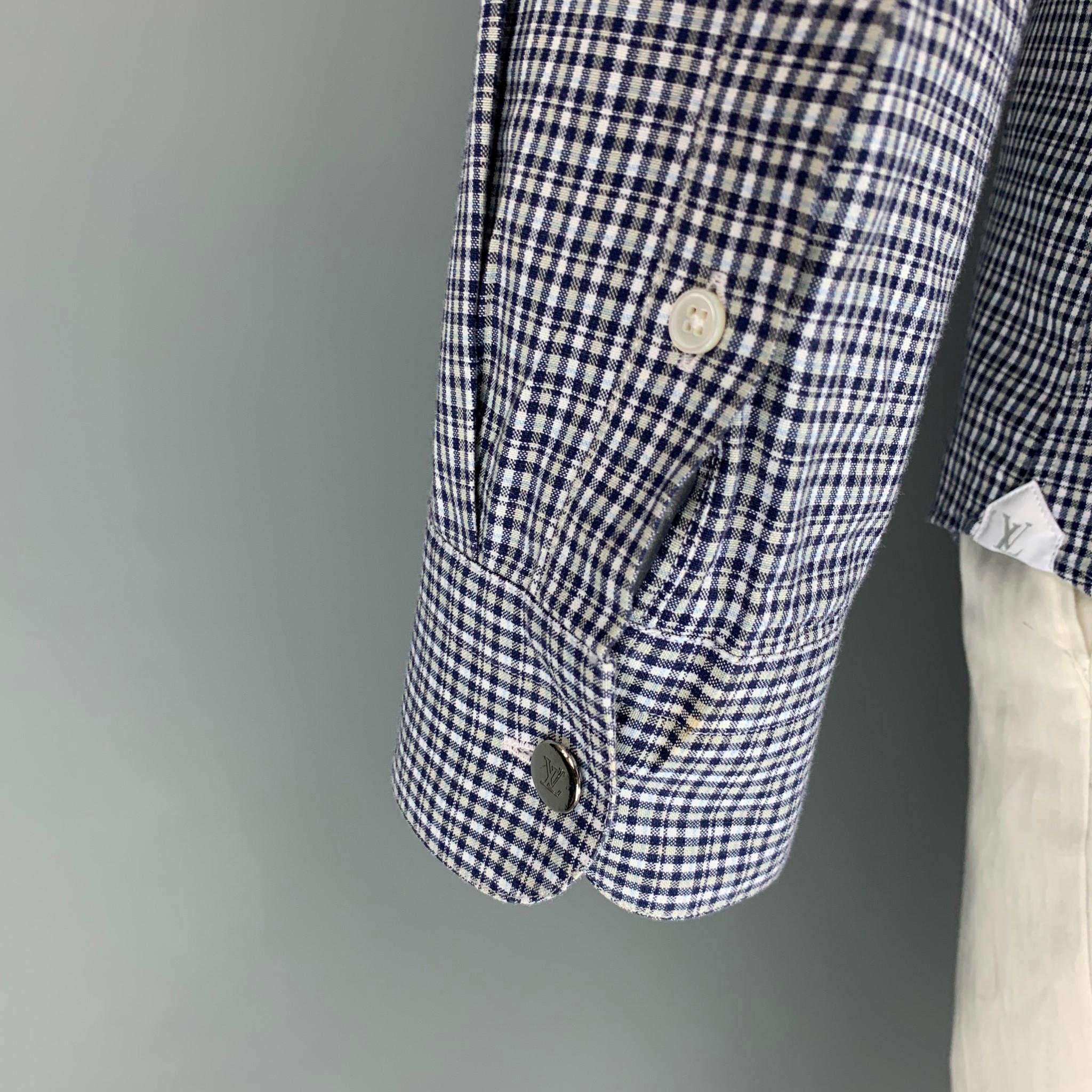 Gray LOUIS VUITTON Size XL White Navy Plaid Cotton Button Up Long Sleeve Shirt