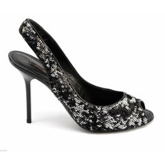 LOUIS VUITTON Sandal Pump Slingback Peep Black Silver Leather Sequin LIZA 37.5