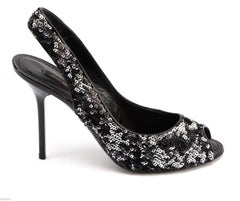 LOUIS VUITTON Pumps Sandals Slingback LIZA Black Silver Leather Sequin 37.5