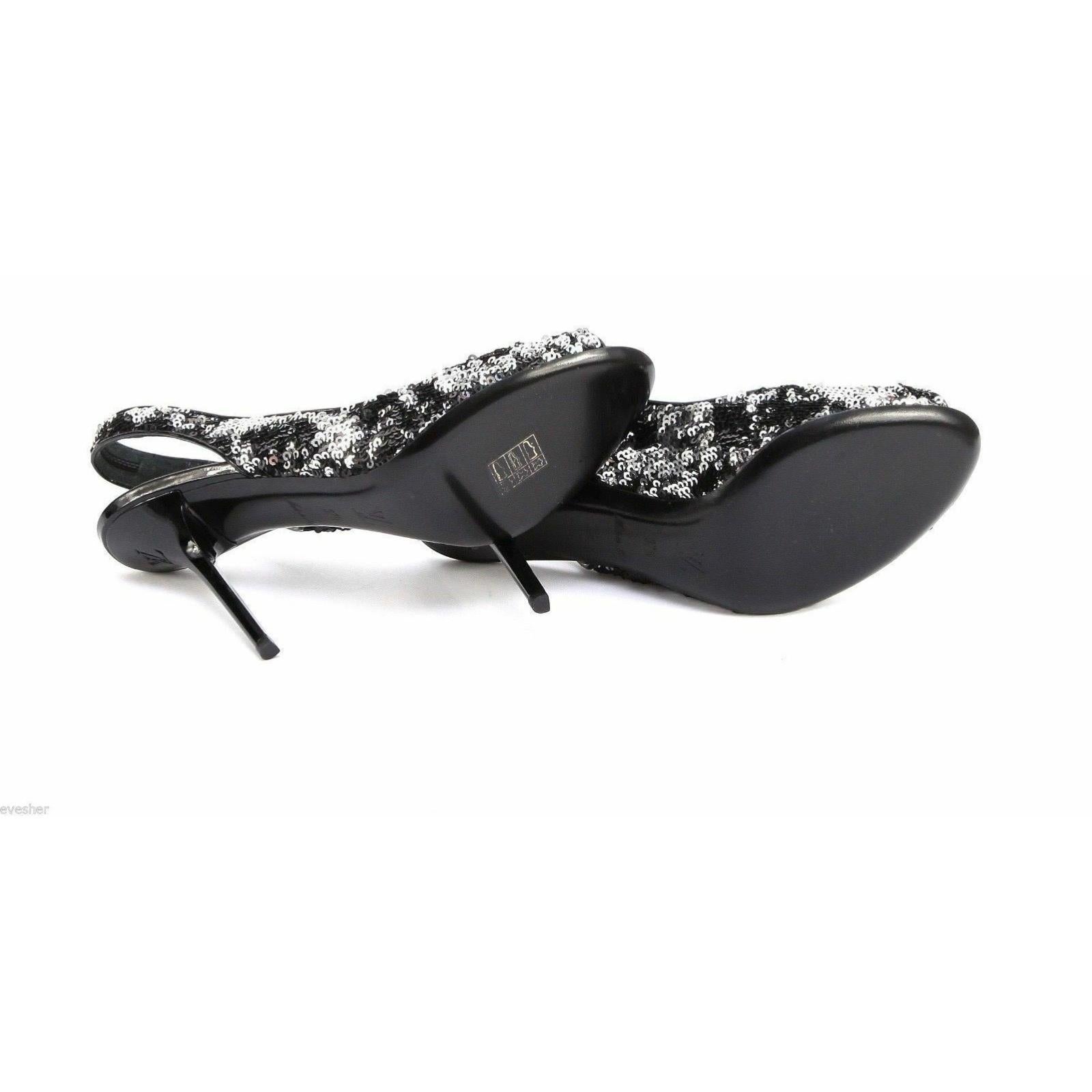 LOUIS VUITTON Sandal Pump Slingback Peep Black Silver Leather Sequin LIZA 37.5 For Sale 1