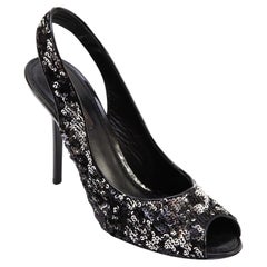 LOUIS VUITTON Escarpins Sandales Slingback LIZA Cuir Noir Argenté Paillettes 37.5