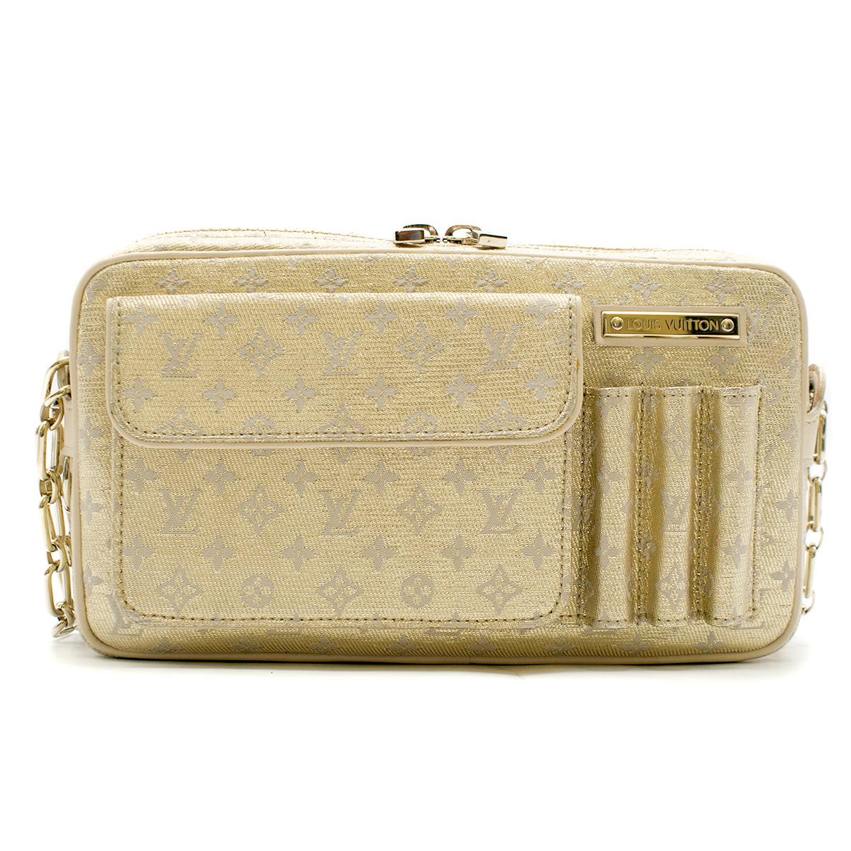 Louis Vuitton Small Gold Monogram Bag

- Gold, leather and canvas
- Gold metallic monogram 
  pattern 
- Shiny gold hardware
- Tan leather detail
- LV shiny gold plate 
- Outer snap shut small pouch 
- One inner pouch 
- Zipper shut closure
- Double