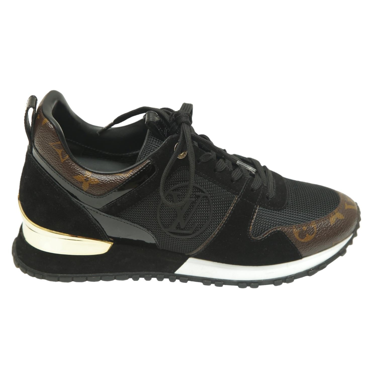 LOUIS VUITTON RUN AWAY SNEAKERS

Retail excluding sales taxes $1,160.

• Design:
   - Run Away style lace-up sneakers in black suede calfskin,
     black mesh and brown monogram canvas.
   - LV circle logo at sides.
   - Gold hardware accent.
   -
