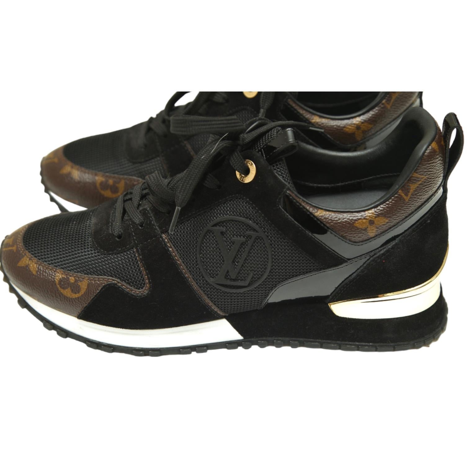 LOUIS VUITTON Sneakers RUN AWAY Black Suede Monogram Gold Lace Up Trainer Sz 38 For Sale 1