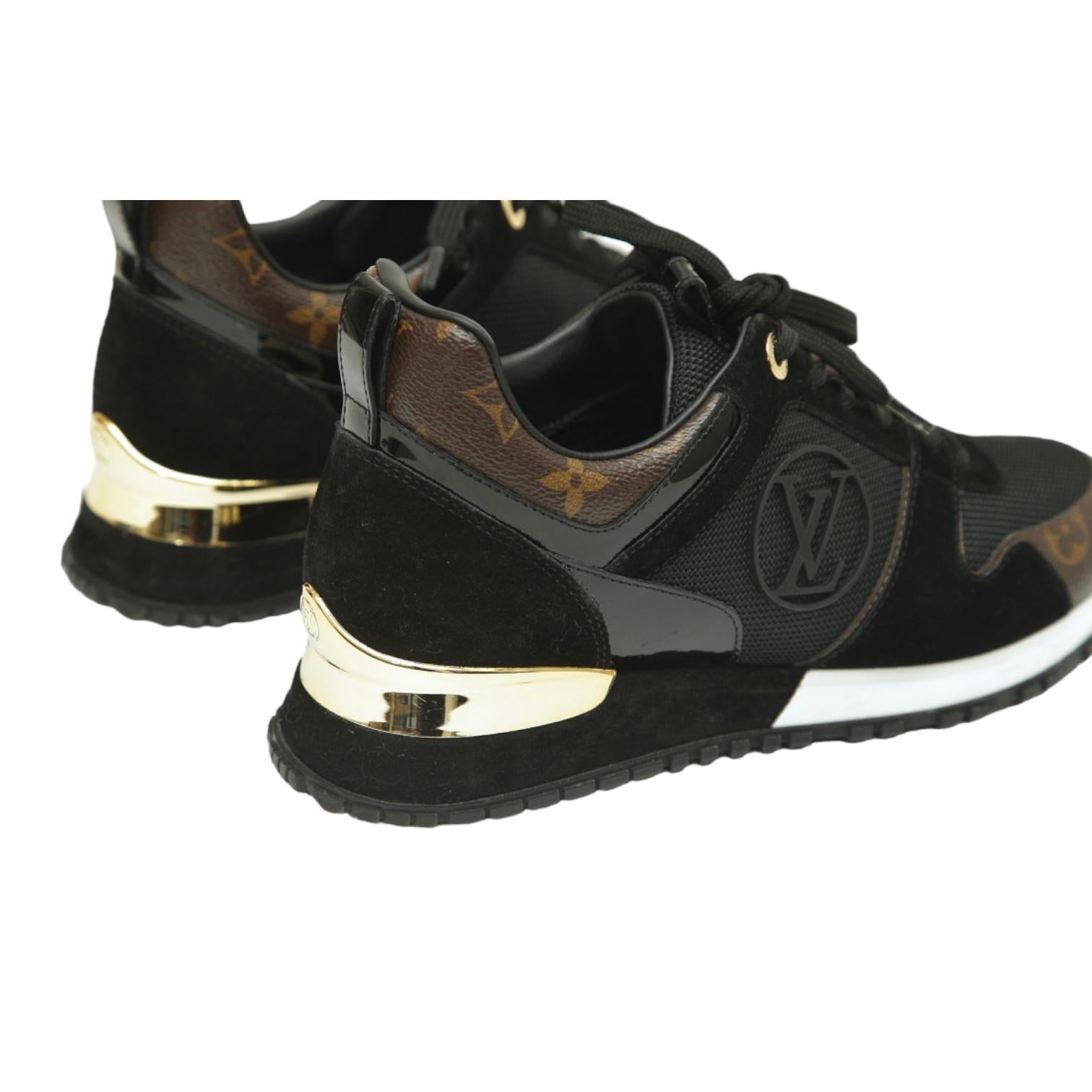 LOUIS VUITTON Sneakers RUN AWAY Black Suede Monogram Gold Lace Up Trainer Sz 38 3