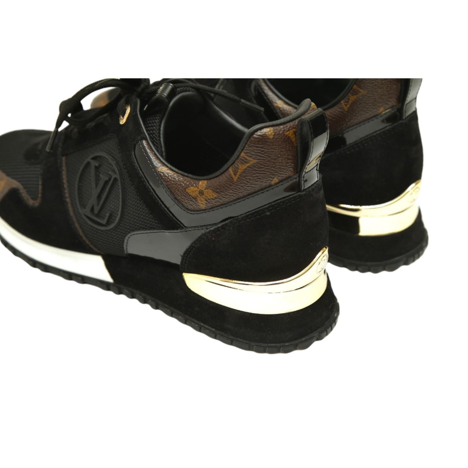 LOUIS VUITTON Sneakers RUN AWAY Black Suede Monogram Gold Lace Up Trainer Sz 38 For Sale 5