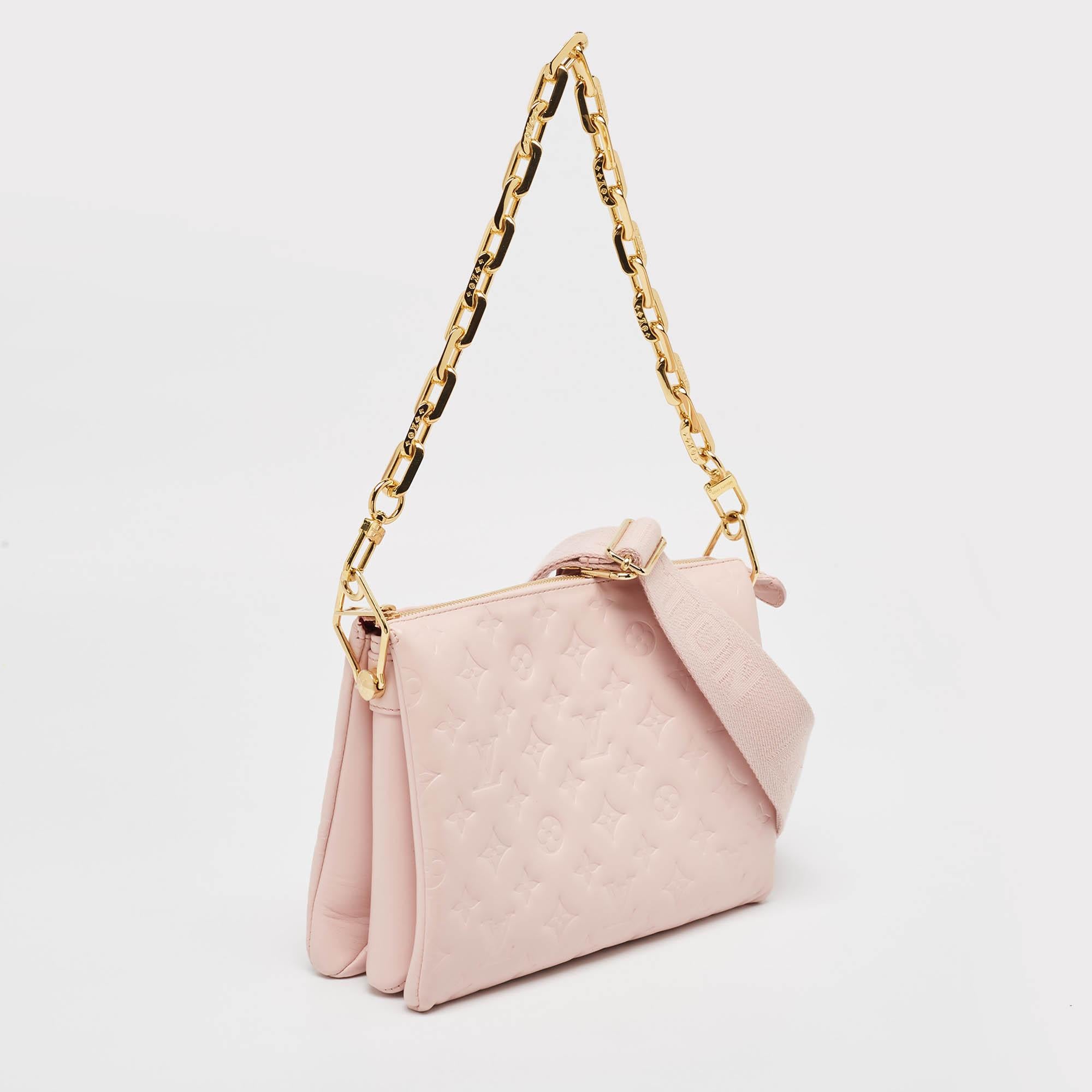 Beige Louis Vuitton Soft Rose Pink Monogram Embossed Leather Coussin PM Bag For Sale