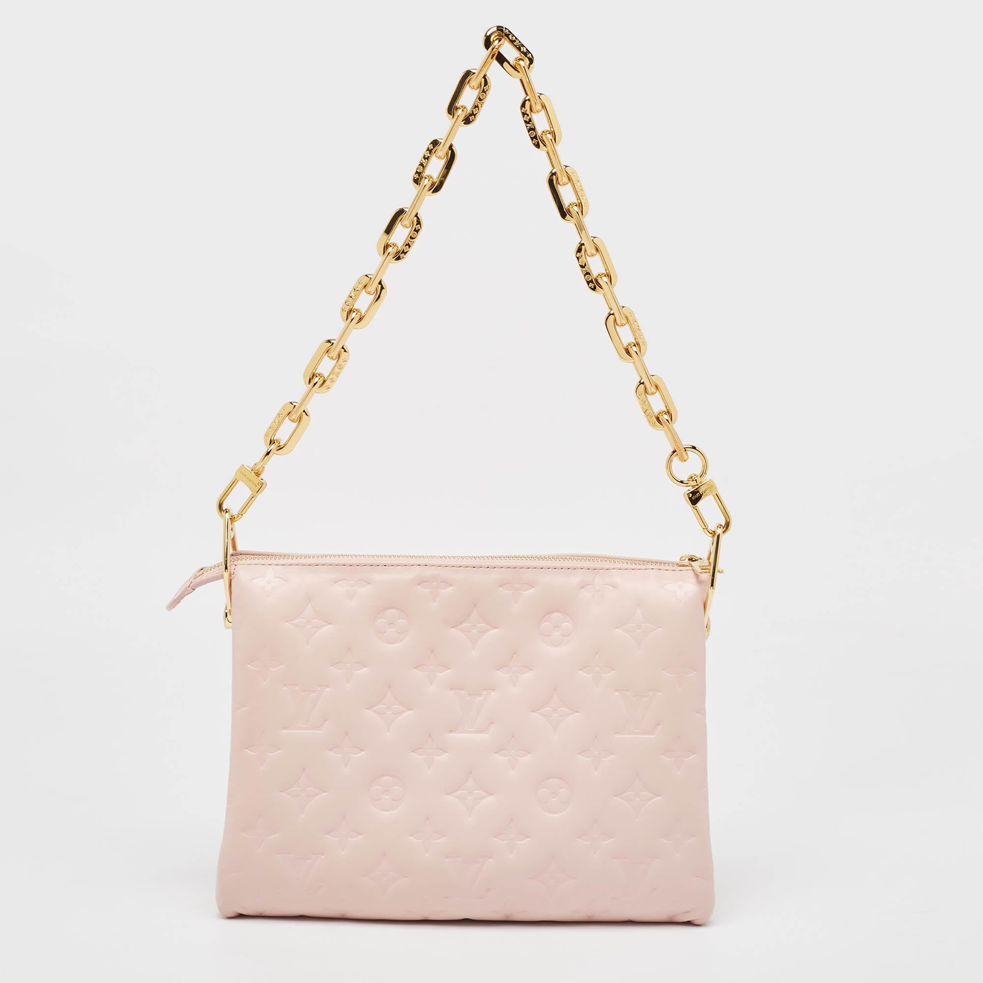 Louis Vuitton Soft Rose Pink Monogram Embossed Leather Coussin PM Bag In Excellent Condition For Sale In Dubai, Al Qouz 2