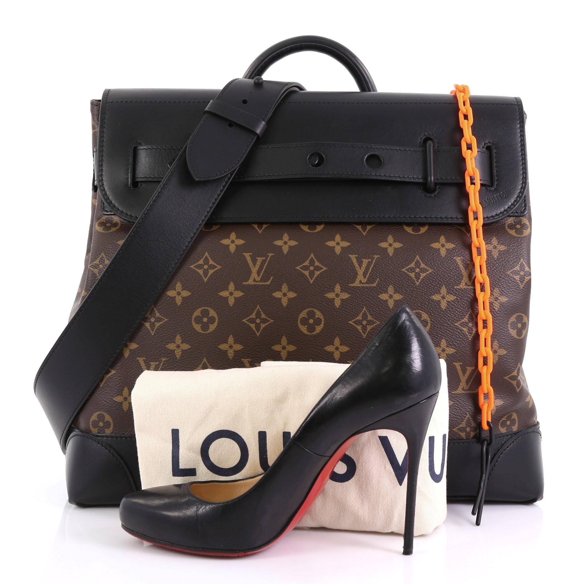 This Louis Vuitton Solar Ray Steamer Bag Monogram Canvas PM, crafted in brown monogram coated canvas, features rolled top handle, matte orange resin chain, leather trim, and black-tone hardware. Its strap and pin closure opens to a black fabric
