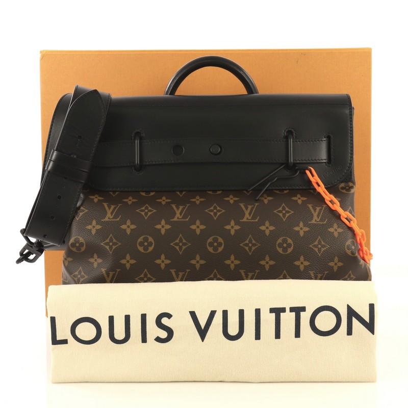 This Louis Vuitton Solar Ray Steamer Bag Monogram Canvas PM, crafted in brown monogram coated canvas, features rolled top handle, matte orange resin chain, leather trim, and black-tone hardware. Its strap and pin closure opens to a black fabric