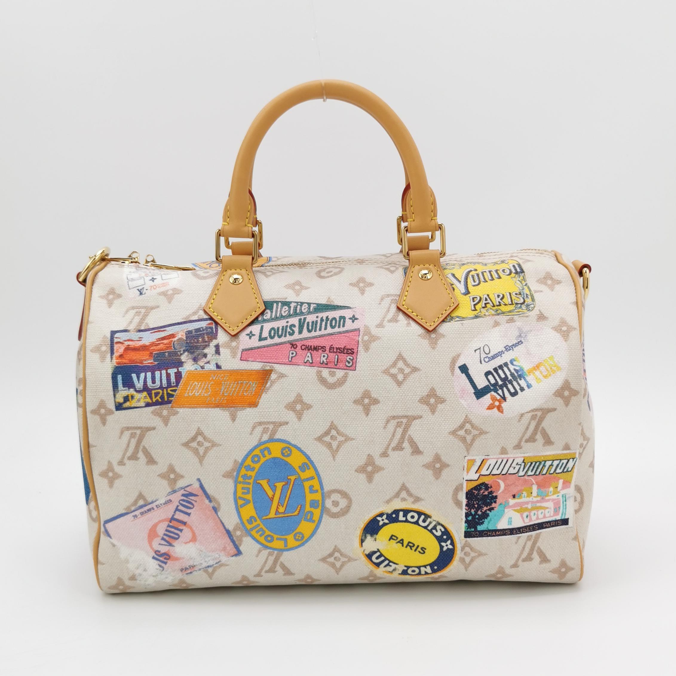 Blanc Louis Vuitton Speedy 30 Bandouliere Monogram Hotel Labels White Multicolor en vente