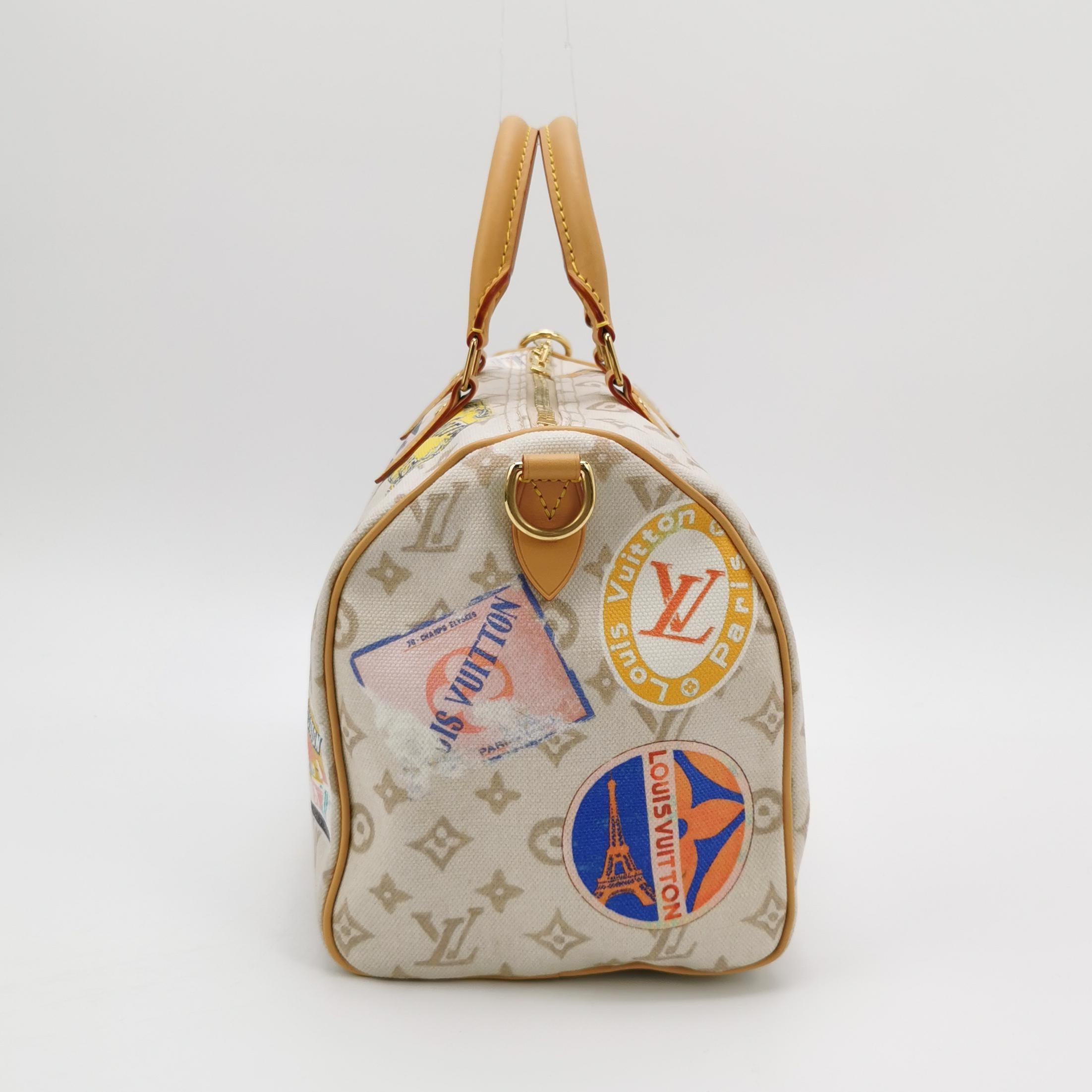 Louis Vuitton Speedy 30 Bandouliere Monogram Hotel Labels White Multicolor Excellent état - En vente à AUBERVILLIERS, FR