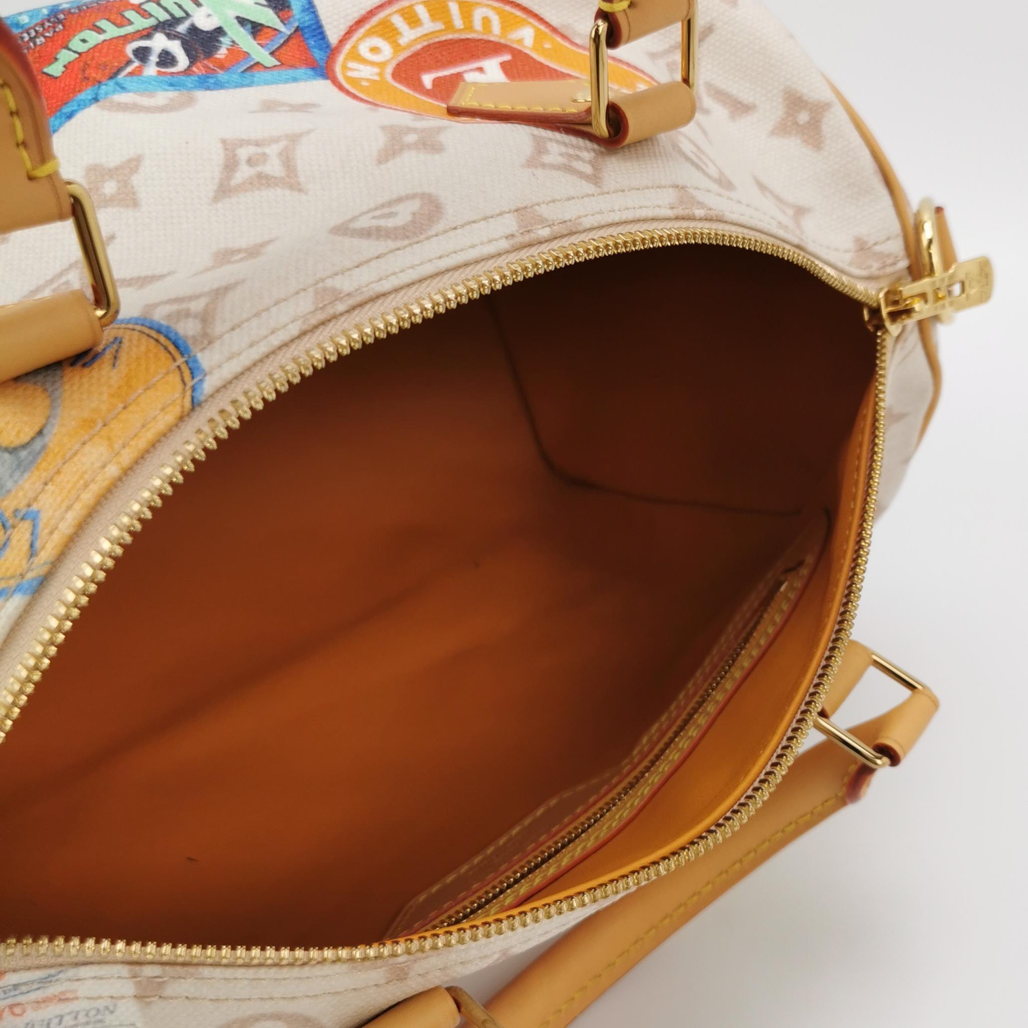 Louis Vuitton Speedy 30 Bandouliere Monogram Hotel Labels White Multicolor en vente 2