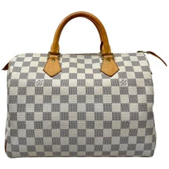 Louis Vuitton Speedy 30 Damier Azur Leather Canvas Handbag 