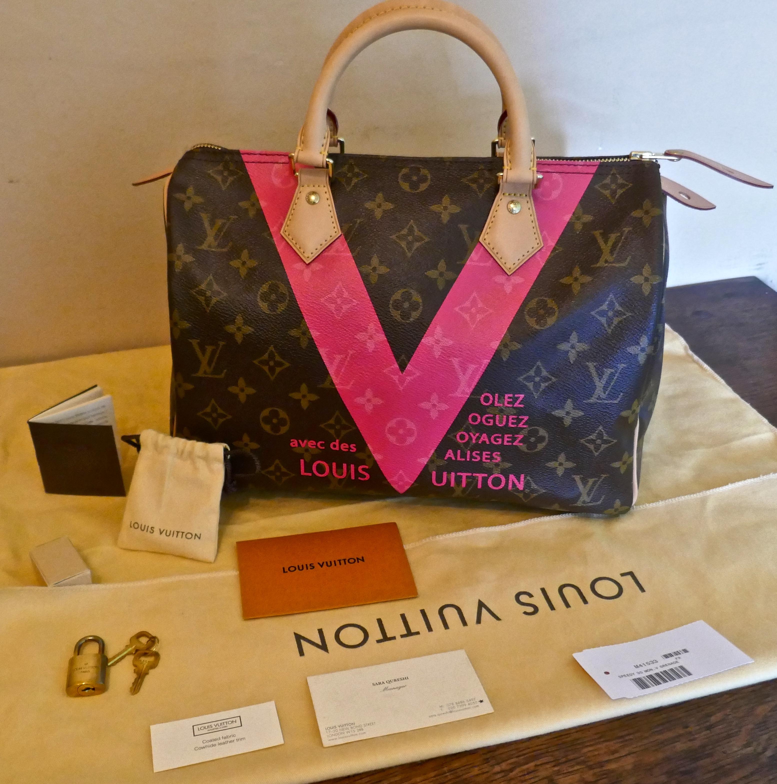 Louis Vuitton Speedy 30 Limited Edition Grenade V Monogram Handbag.

Louis Vuitton Speedy 30 limited edition handbag with grenade pink “V” on iconic brown Monogram canvas from the 2015 Spring/Summer collection was inspired by the famous Louis