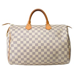 Used Louis Vuitton Speedy 35 handbag in beige checkered canvas, GHW
