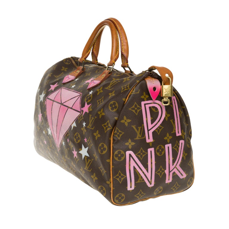 Louis Vuitton Speedy 35 handbag in Monogram canvas customized &quot;Pink Panther III&quot; For Sale at 1stdibs