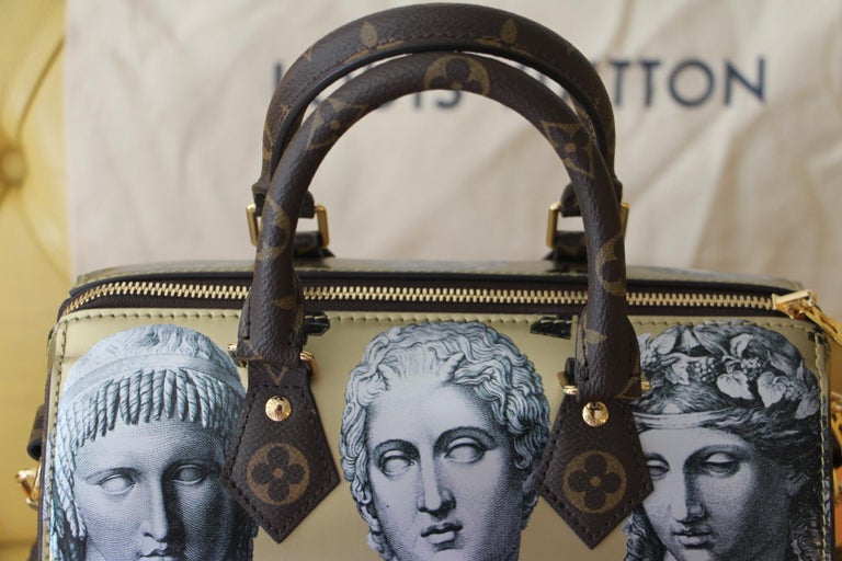 This all leather Speedy Bandoulière 25 handbag is made all golden and metallic colors; It features prints of statue heads created by the famed Italian artist Piero Fornasetti. 
It also has got one flat pocket on its side.
It has two rolled leather
