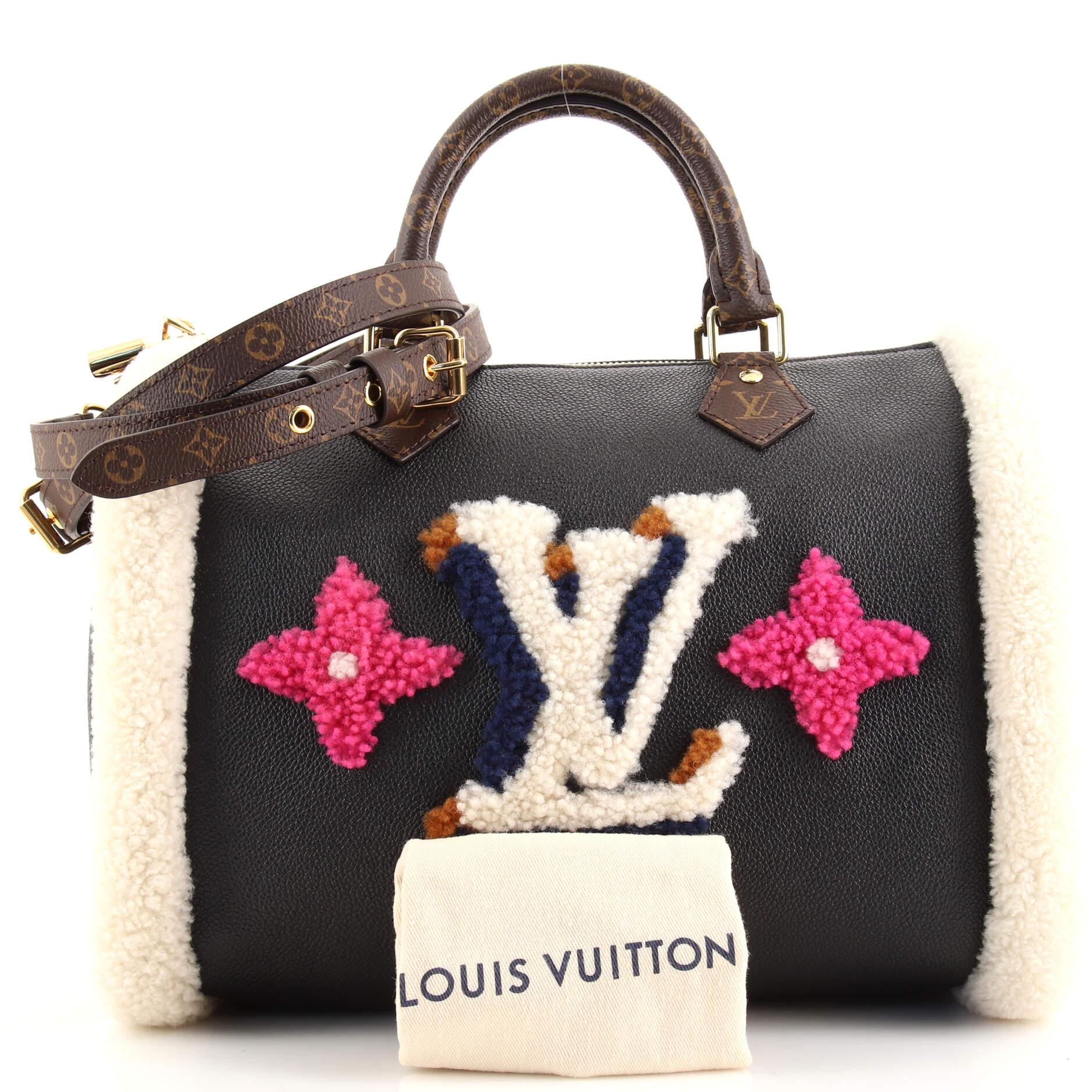 Louis Vuitton Speedy Bandouliere Bag Leather and Monogram Teddy Shearling  30 For Sale at 1stDibs