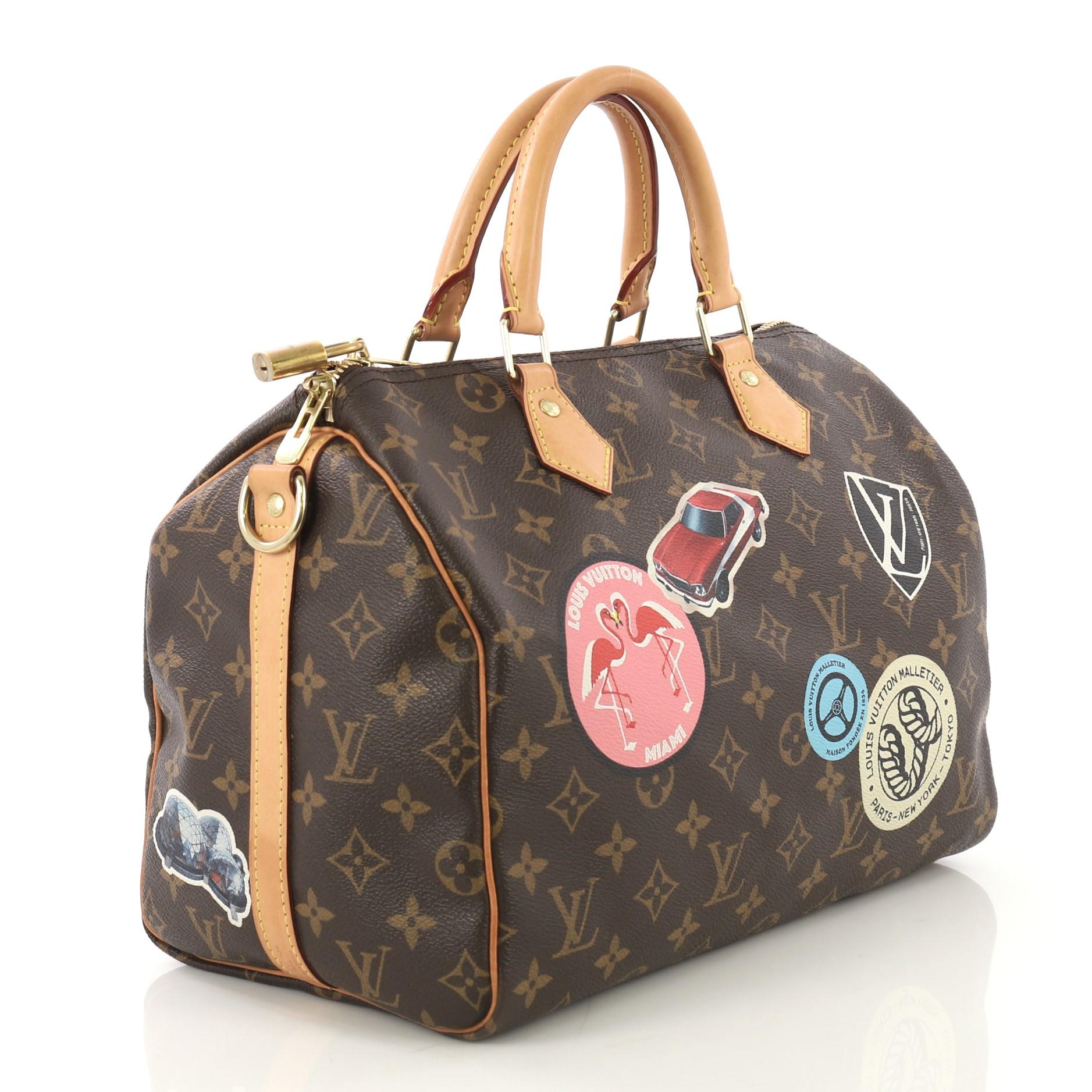 This Louis Vuitton Speedy Bandouliere Bag Limited Edition World Tour Monogram Canvas 30, crafted from brown monogram coated canvas, features dual rolled vachetta leather handles and trim, World Tour-themed stickers, and gold-tone hardware. Its