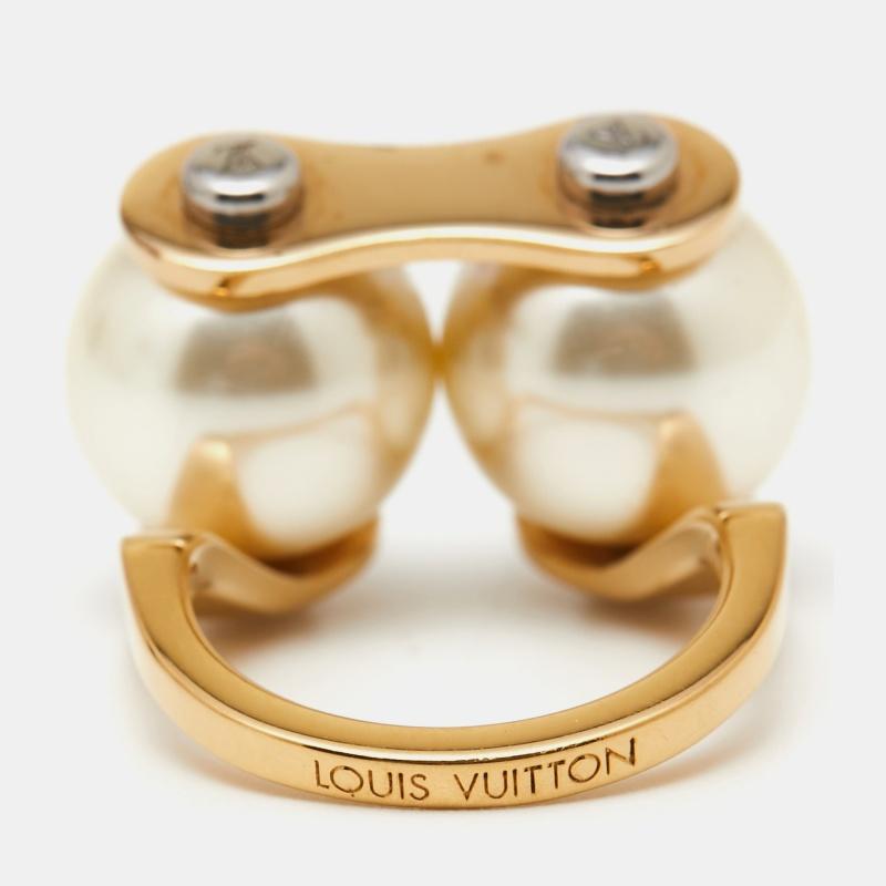 Contemporary Louis Vuitton Speedy Faux Pearls Gold Tone Metal Ring Size 53