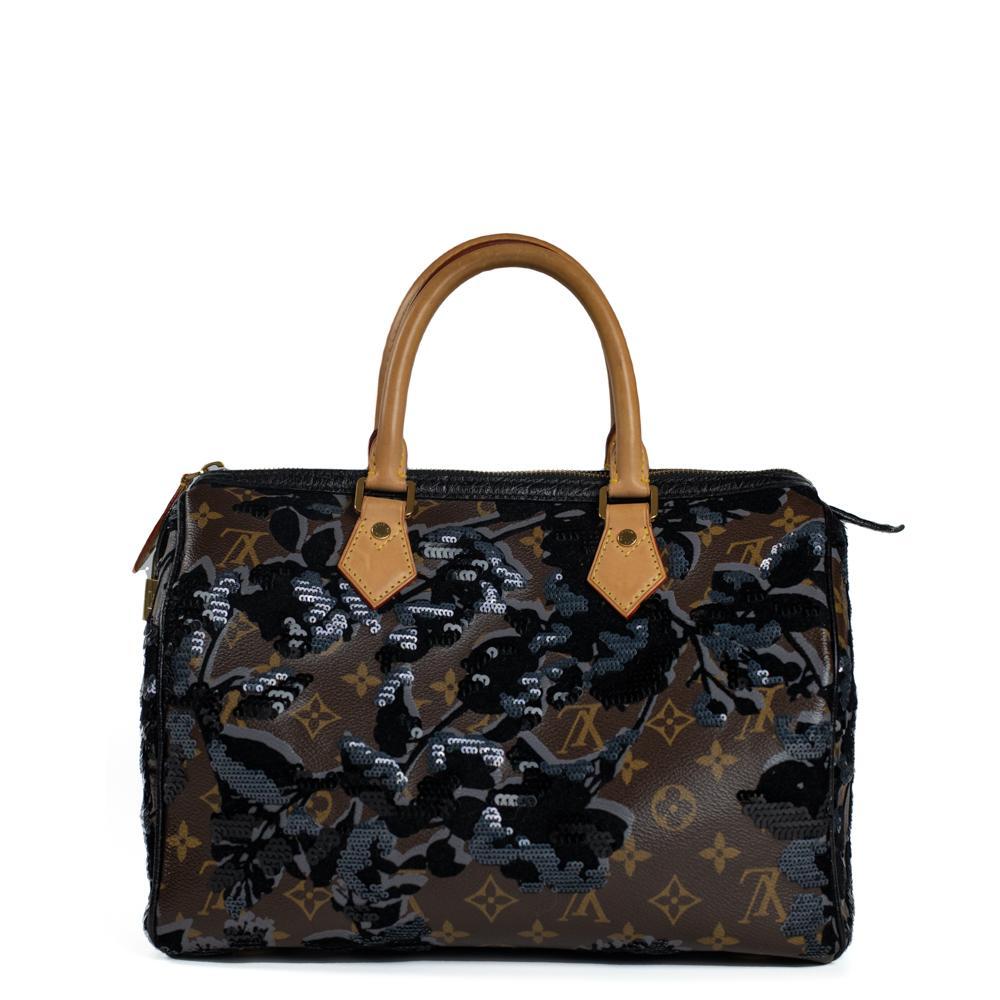 LOUIS VUITTON Speedy Fleur de jais Handbag in Black Canvas In Excellent Condition In Clichy, FR