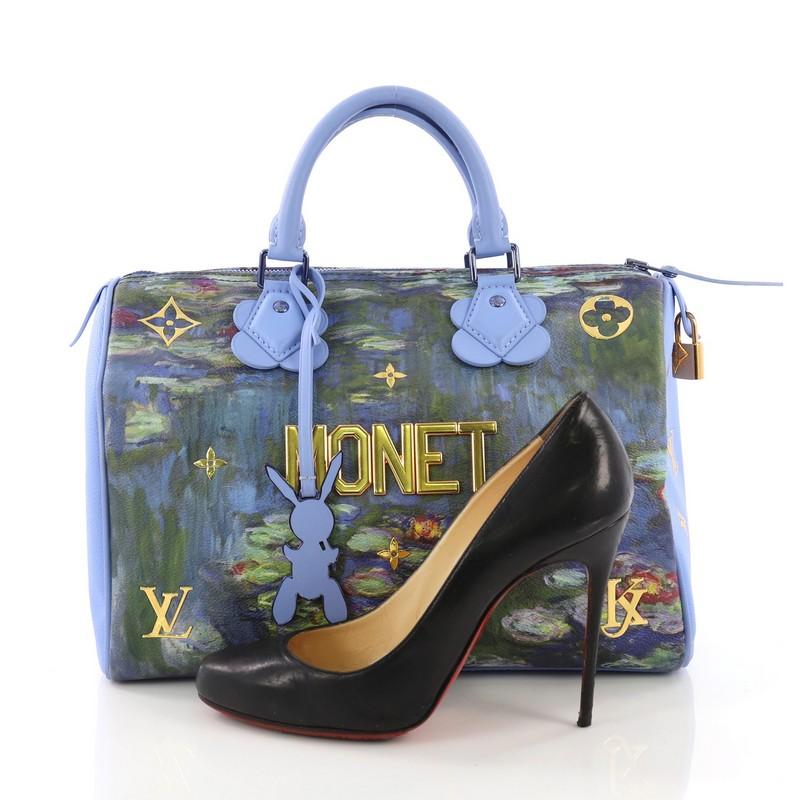 This Louis Vuitton Speedy Handbag Limited Edition Jeff Koons Monet Print Canvas 30, crafted from light purple Jeff Koons Monet print coated canvas, features dual rolled leather handles, reflective metallic letters, and gold-tone hardware. Its zip