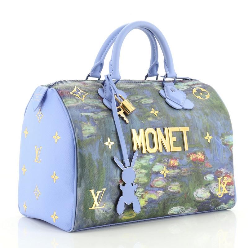 This Louis Vuitton Speedy Handbag Limited Edition Jeff Koons Monet Print Canvas 30, crafted from blue printed coated canvas, features dual rolled leather handles, reflective metallic letters, and gold-tone hardware. Its zip closure opens to a blue