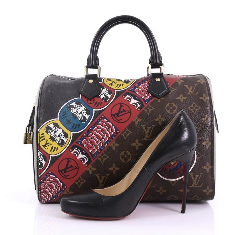 This Louis Vuitton Speedy Handbag Limited Edition Kabuki Monogram Canvas 30, crafted in Kabuki monogram coated canvas, features dual rolled leather handles, oversized Kabuki stickers, and gold-tone hardware. Its top zip closure opens to a black