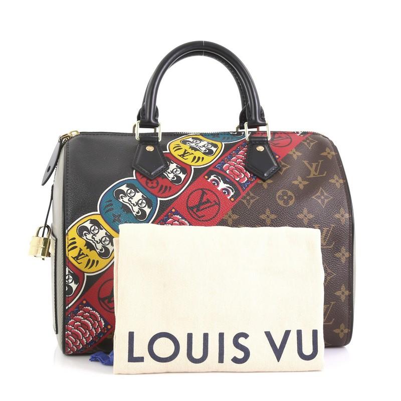 This Louis Vuitton Speedy Handbag Limited Edition Kabuki Monogram Canvas 30, crafted in brown monogram coated canvas, features dual rolled leather handles, oversized Kabuki stickers, and gold-tone hardware. Its zip closure opens to a black
