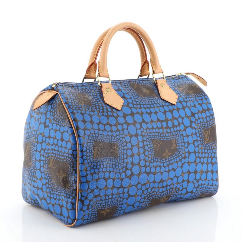 This Louis Vuitton Speedy Handbag Limited Edition Kusama Town Monogram Canvas 30, crafted from Louis Vuitton's brown monogram coated canvas, features a graphic blue dots painting, dual-rolled vachetta leather handles, and gold-tone hardware. Its top